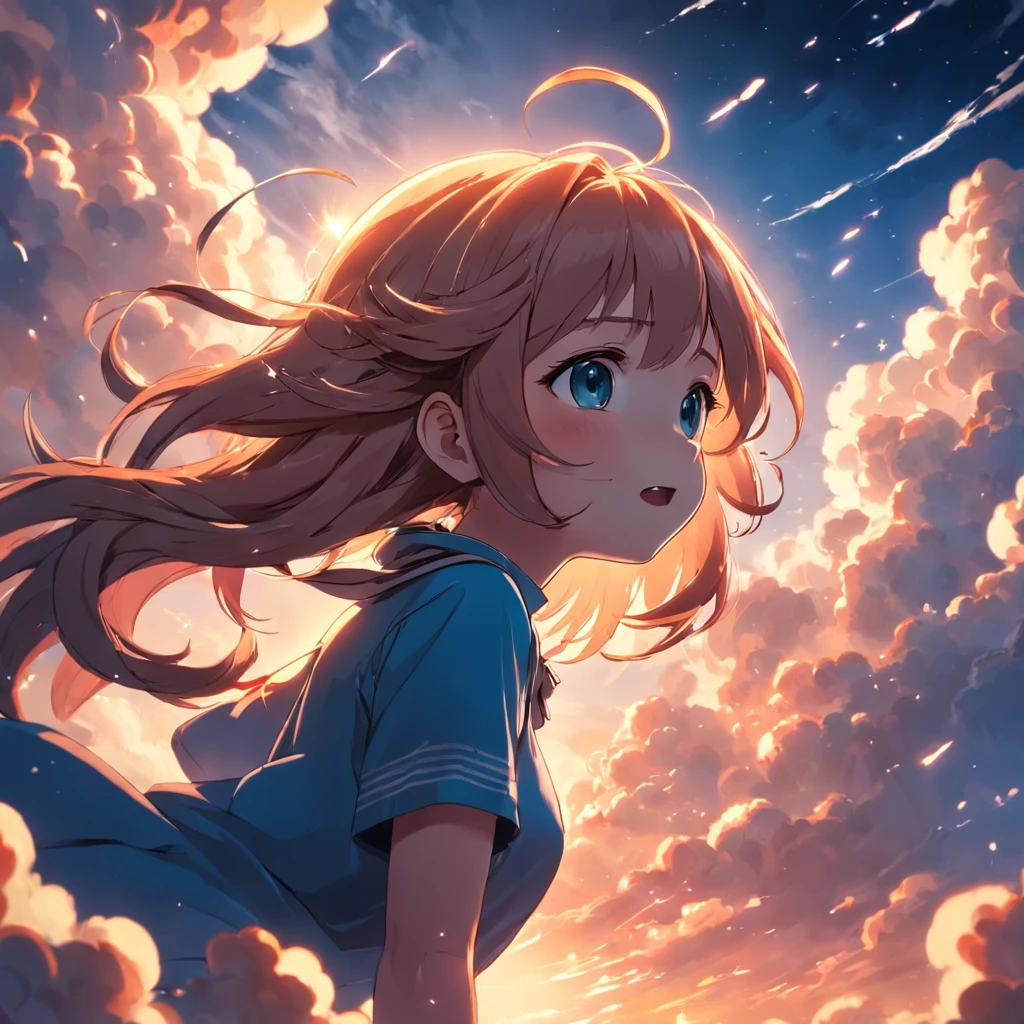 masterpiece, best quality, movie still, 1girl, cloud girl, floating in the sky, close-up, bright, happy, warm soft lighting, sunset, (sparks:0.7)
