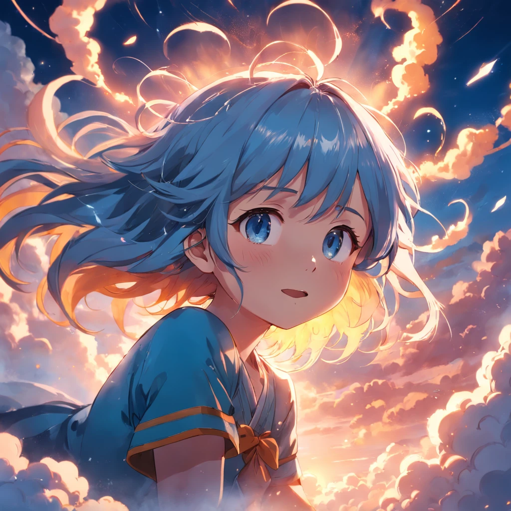 masterpiece, best quality, movie still, 1girl, cloud girl, floating in the sky, close-up, bright, happy, warm soft lighting, sunset, (sparks:0.7)