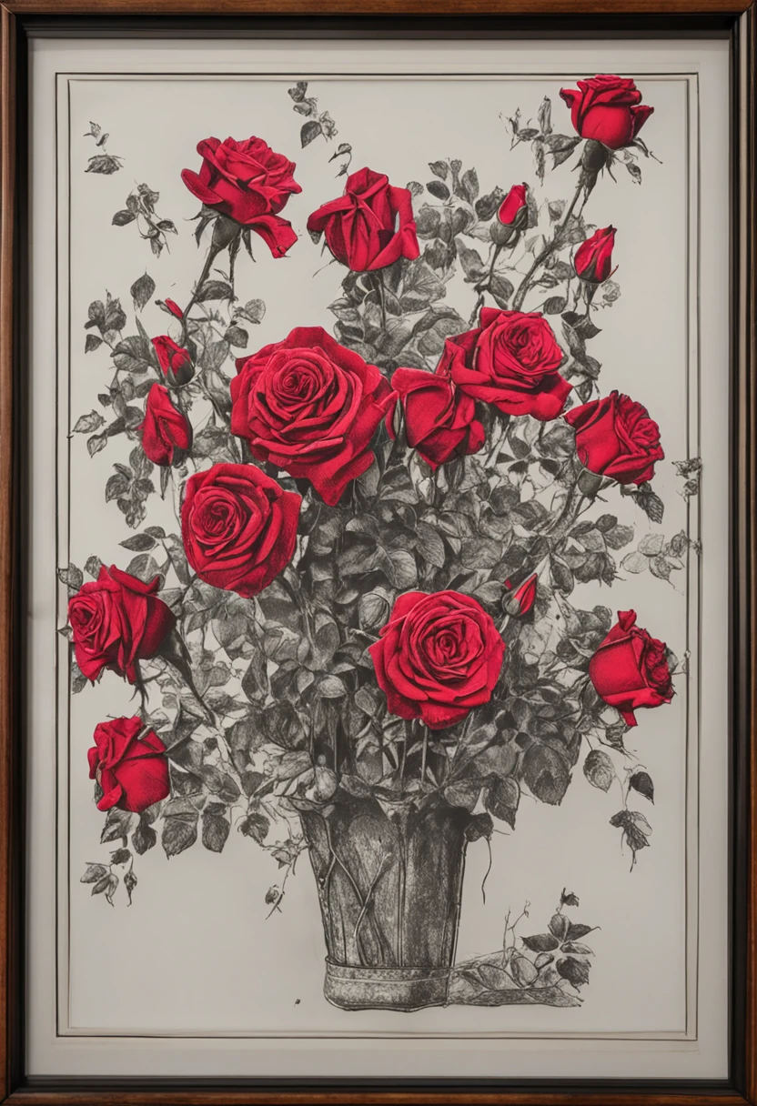 Small red roses are laid out in a large frame of the painting without gaps
The size of the picture frame is square and 150 cm square
The color of the picture frame is a luxurious black strain
Image like a product of Nikolai Bergmann
It has a sense of unity and seems to sell for about 400,000 yen.