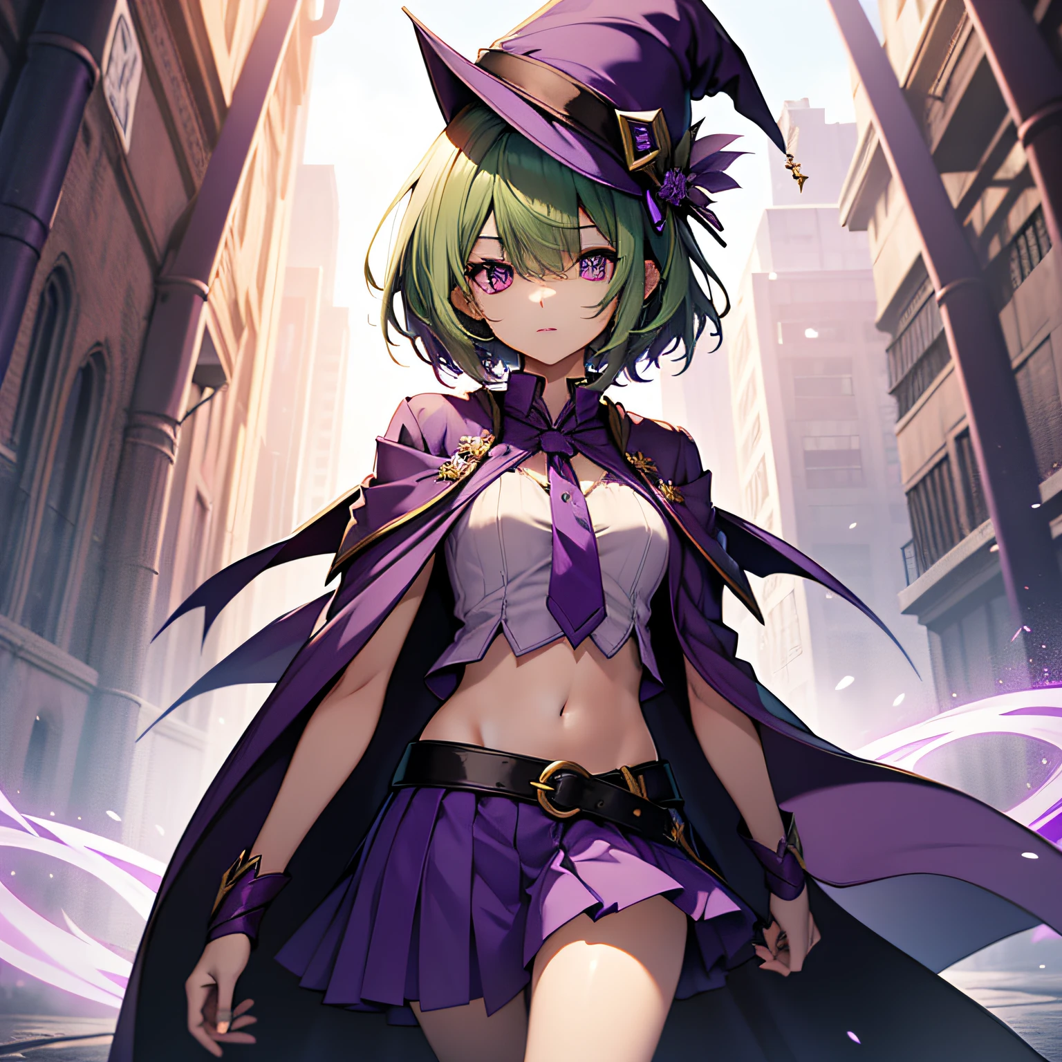top-quality、extremely delicate and beautiful、(A age girl)、Purple Eye、Green hair、short-haired、(Purple pointy hat)、Purple tie、Soio、shortsleeves、Purple skirt、Purple Wizard Robe、Navel、is standing