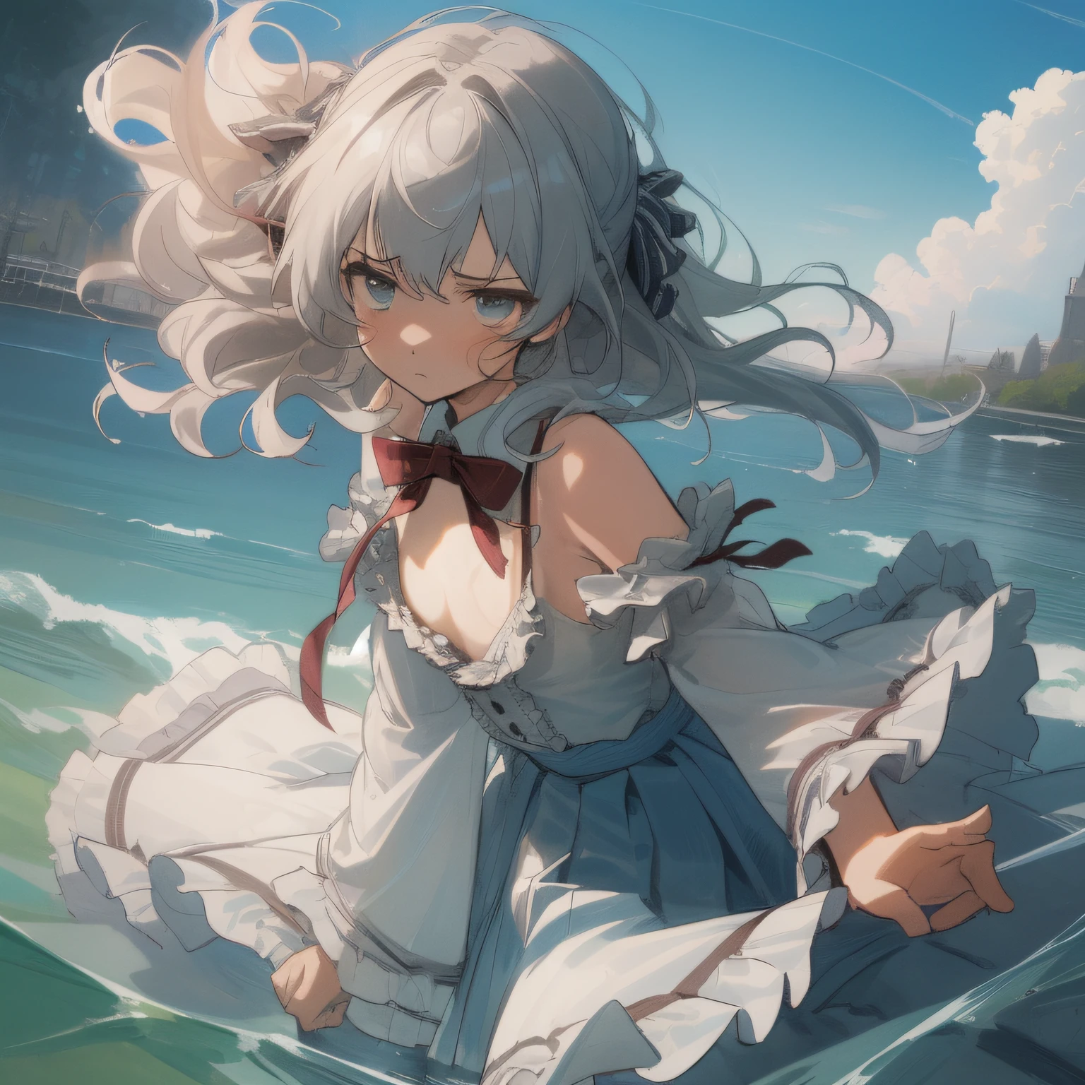 ((masterpiece)), (((best quality))), ((ultra-detailed)), ((illustration)), ((disheveled hair)), ((frills)), (1 girl), (solo), dynamic angle, big top sleeves, floating, beautiful detailed sky, on beautiful detailed water, beautiful detailed eyes, overexposure, (fist), expressionless, side blunt bangs, hairs between eyes, ribbons, bowties, buttons, bare shoulders, (((small breast))), detailed wet clothes, blank stare, pleated skirt, flowers