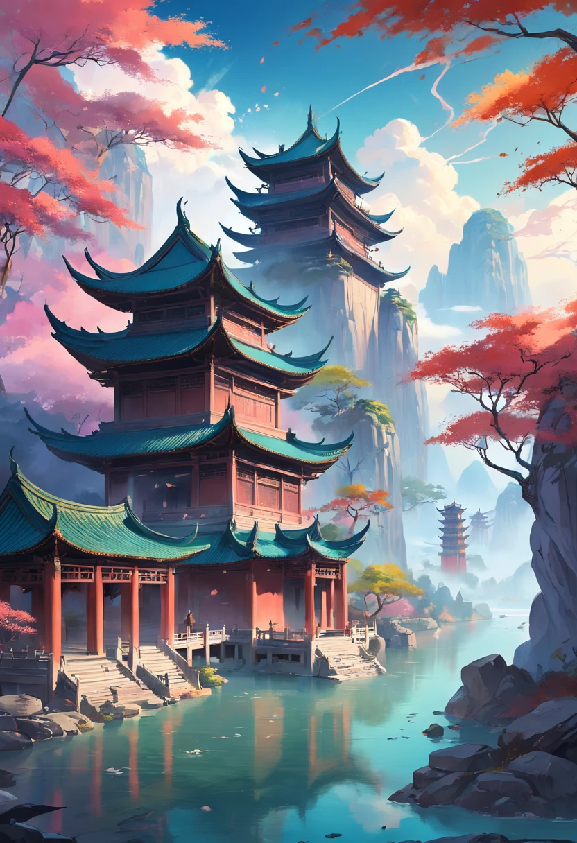 There is a painting，The painting depicts fantastic landscape art, Zen temple background, Oriental fantasy, landscape artwork, Temple background, background artwork, dreamy scenes, Detailed scenery —width 672, dreamy Chinese towns, oriental wallpaper, Chinese landscape, dreamlike digital painting, Atmospheric fantasy sky, dreamy matte painting, surreal dreamscape, Fantasy background