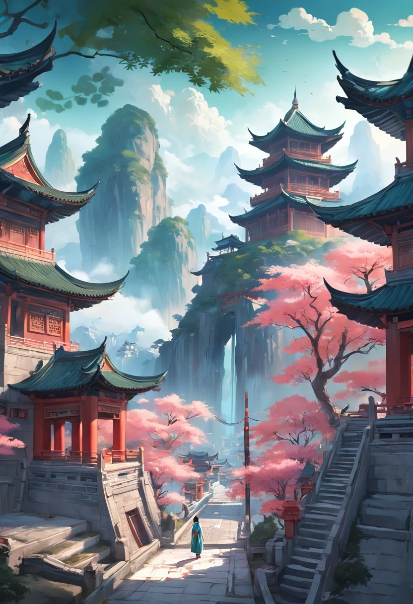 There is a painting,The painting depicts fantastic landscape art, Zen temple background, Oriental fantasy, landscape artwork, Temple background, background artwork, dreamy scenes, Detailed scenery —width 672, dreamy Chinese towns, oriental wallpaper, Chinese landscape, dreamlike digital painting, Atmospheric fantasy sky, dreamy matte painting, surreal dreamscape, Fantasy background