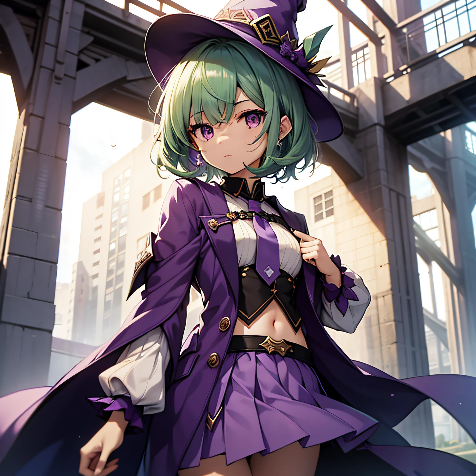 top-quality、extremely delicate and beautiful、(A teenage girl)、Purple Eye、Green hair、short-haired、(Purple pointy hat)、Purple tie、Soio、shortsleeves、Purple skirt、Purple Wizard Robe、Navel、is standing