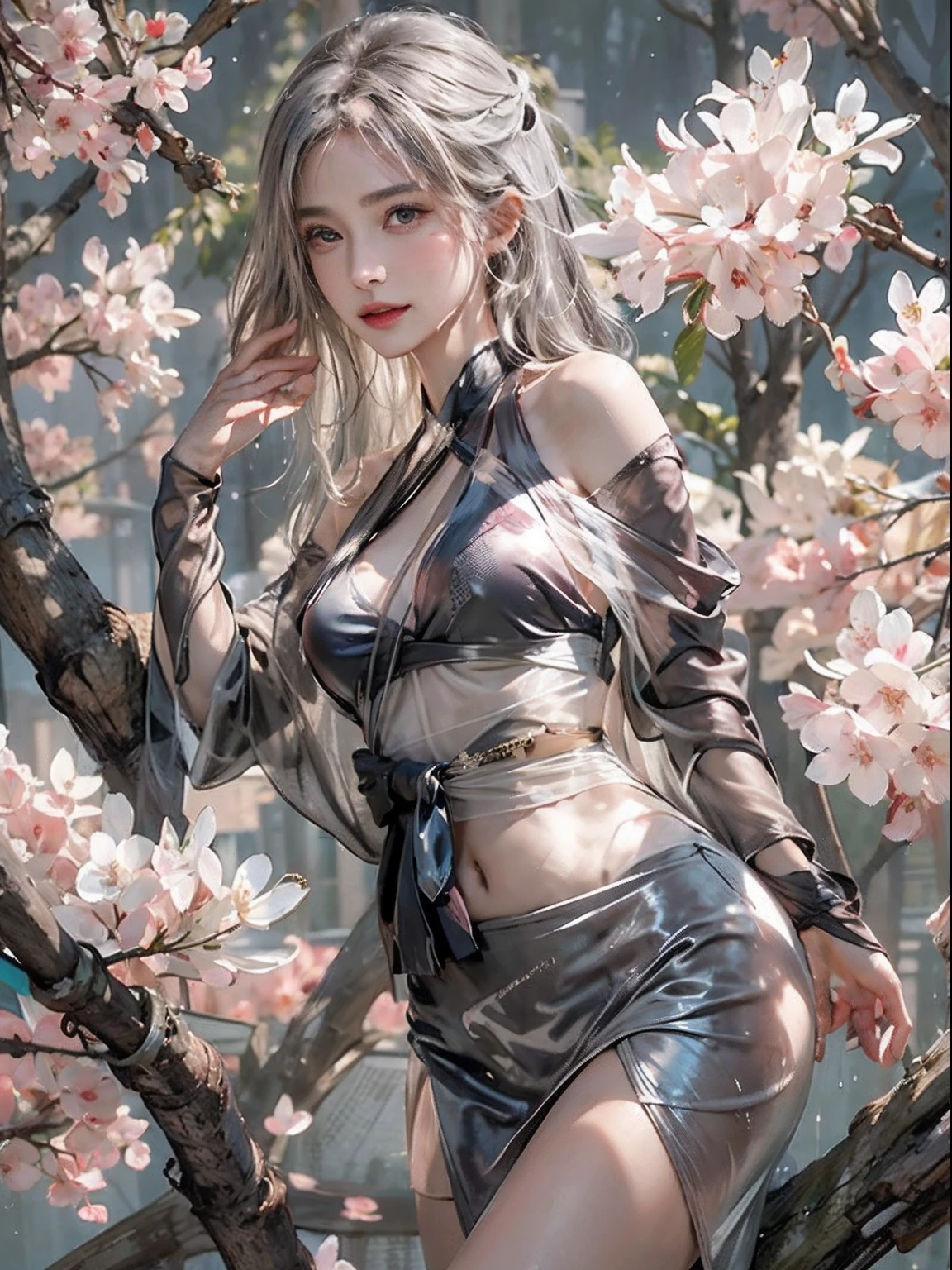 Photorealistic, High resolution, Soft light,1womanl, Solo, hips up high, glistning skin, (Detailed face),The tattoo, Jewelry, Dark Latex Halter Neck, cherry blossom, Night, White wavy hair, Beautiful Soldier, An eye that invites the viewer, Lover's perspective, inviting expression, Sexy smile, Perfect Style, Perfect balance, Detailed skin, Naughty gaze, Chest visible、see -through、Sheer feeling、Wet skin、Wet hair、Spread hair、Spread Stall、Wet clothes、sodden、See-through Halter neck、See-through gowns、Navel Ejection、the back is open、See-through halter neck dress、See-through kimono、Dynamic Posing、Fingertips are lips、