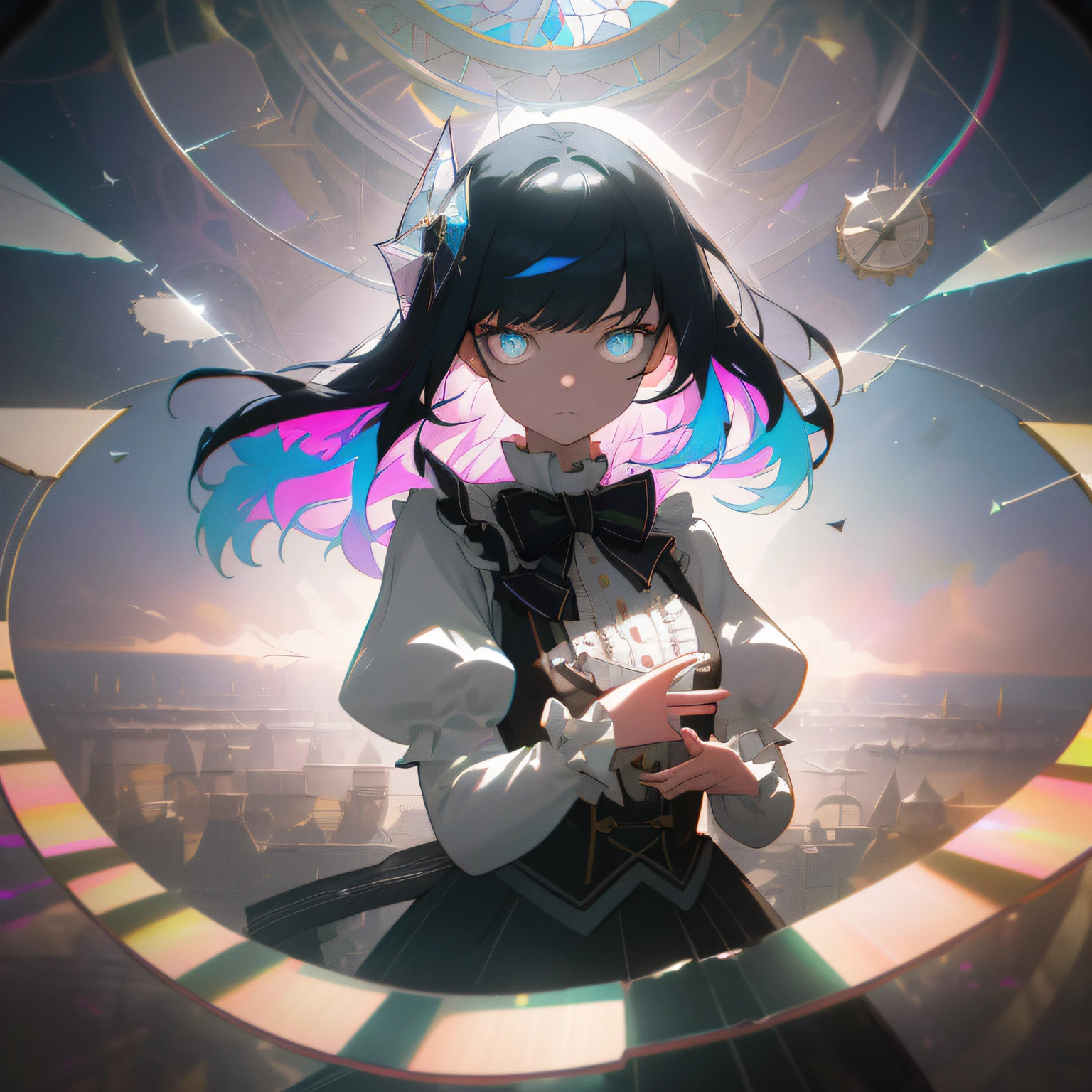 ((illustration)), ((floating hair)), ((chromatic aberration)), ((caustic)), lens flare, dynamic angle, ((portrait)), (1 girl), ((solo)), cute face, ((hidden hands)), asymmetrical bangs, (beautiful detailed eyes), eye shadow, ((huge clocks)), ((glass strips)), (floating glass fragments), ((colorful refraction)), (beautiful detailed sky), ((dark intense shadows)), ((cinematic lighting)), ((overexposure)), (expressionless), blank stare, big top sleeves, ((frills)), hair_ornament, ribbons, bowties, buttons, (((small breast))), pleated skirt, ((sharp focus)), ((masterpiece)), (((best quality))), ((extremely detailed)), colorful, hdr