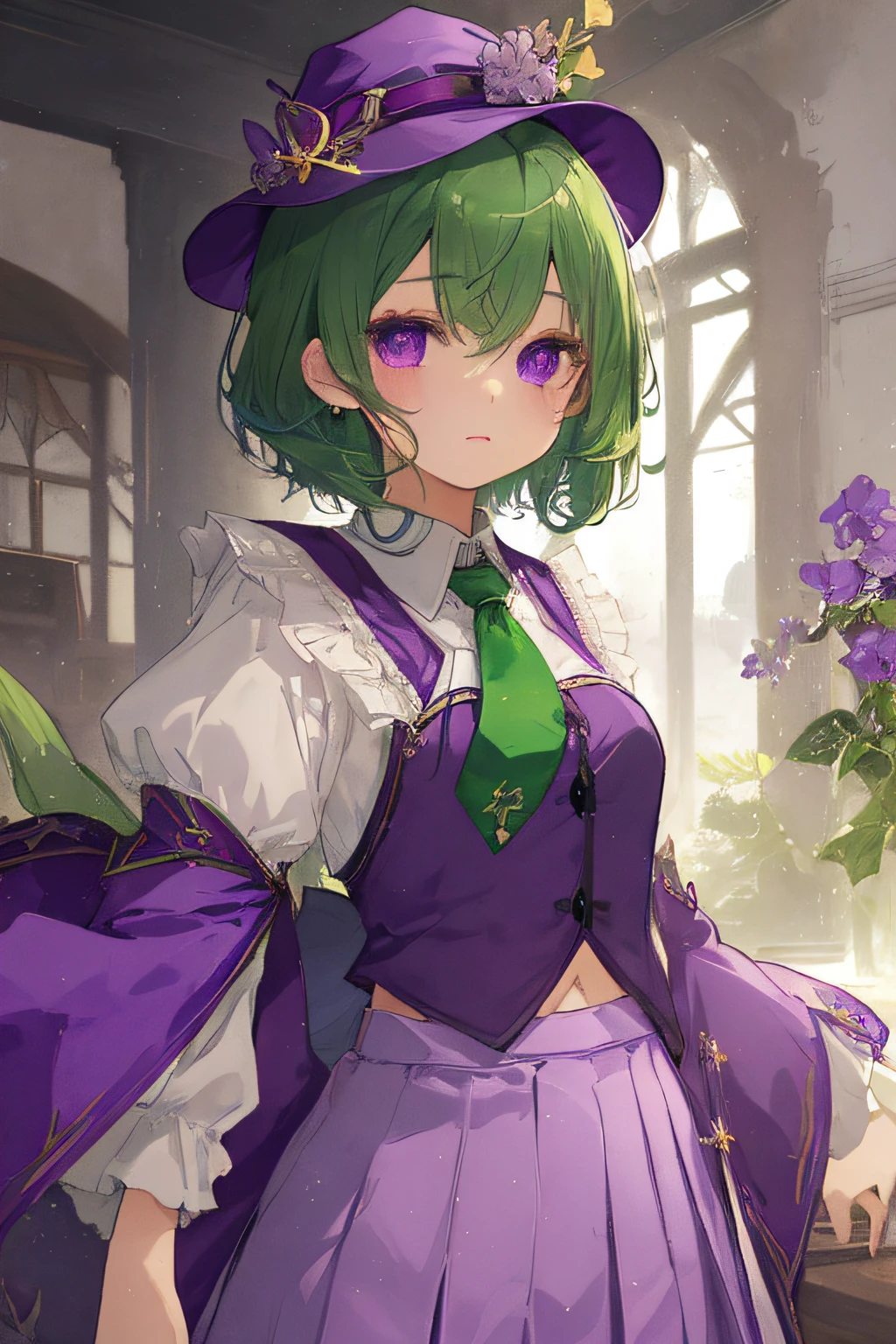 beautiful illustration、top-quality、
top-quality、extremely delicate and beautiful、(A  girl)、Purple eye、Green hair、short-haired、(Purple pointy hat)、Purple tie、soio、shortsleeves、Purple skirt、Purple Wizard Robe、Navel、is standing