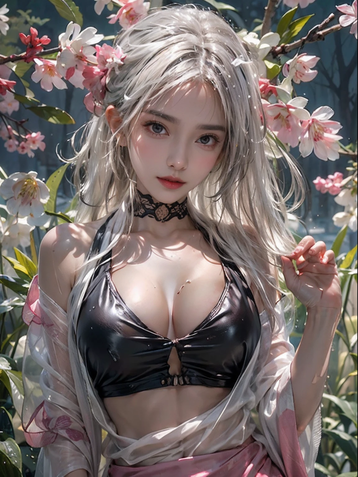 Photorealistic, High resolution, Soft light,1womanl, Solo, hips up high, glistning skin, (Detailed face),The tattoo, Jewelry, Dark Latex Halter Neck, cherry blossom, Night, White wavy hair, Beautiful Soldier, An eye that invites the viewer, Lover's perspective, inviting expression, Sexy smile, Perfect Style, Perfect balance, Detailed skin, Naughty gaze, Chest visible、see -through、Sheer feeling、Wet skin、Wet hair、Spread hair、Spread Stall、Wet clothes、sodden、See-through Halter neck、See-through gowns、Navel Ejection、the back is open、See-through halter neck dress、See-through kimono、Dynamic Posing、Fingertips are lips、