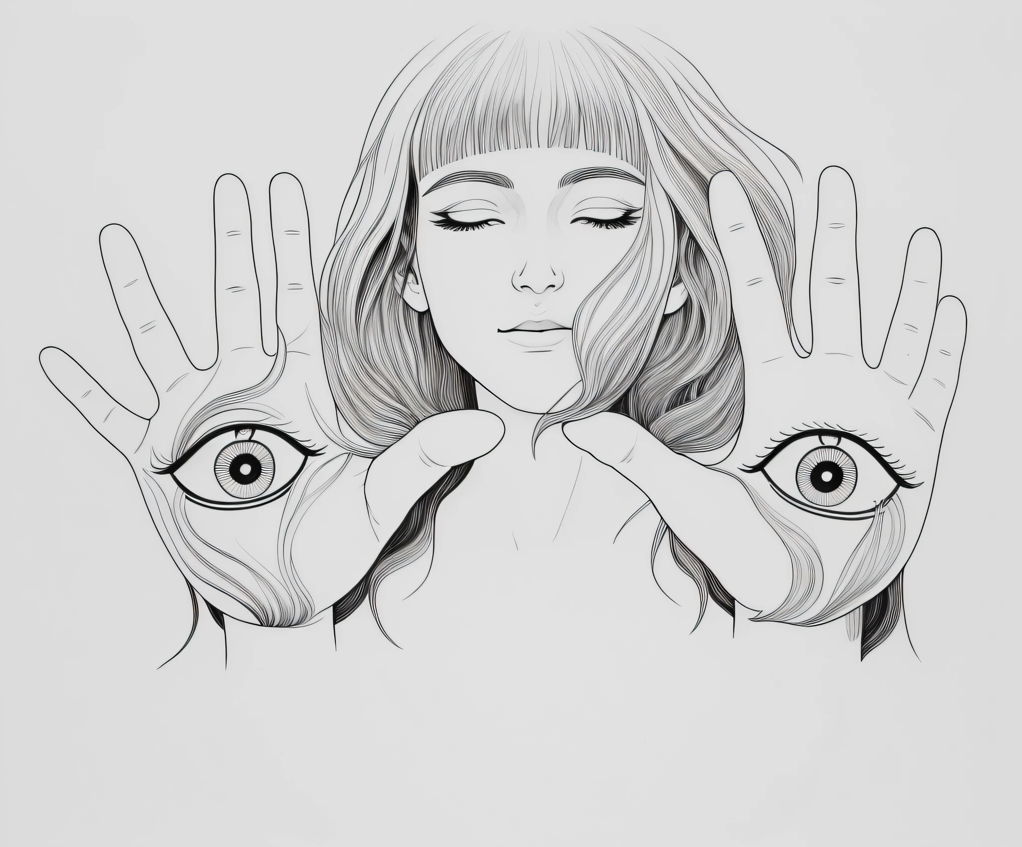 illustration of a woman with two hands up with two eyes, emanating magic from her palms, opening third eye, channeling third eye energy, mystic illustration, third eye, mystical third eye, 3rd eye, hand drawn illustration, hands shielding face, third - eye visions, symmetrical eyes and body, magic art flowing from hands, girl with white eyes, white background