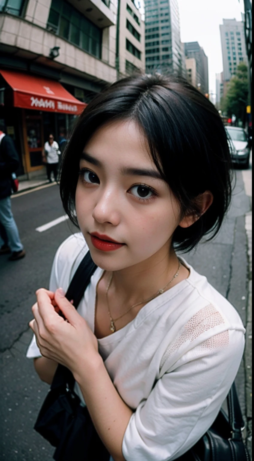 s girl,Camera in hand,Hand forward,(Suitcase),gentle and cute,short detailed hair,the city street,Fisheye view,Sex life