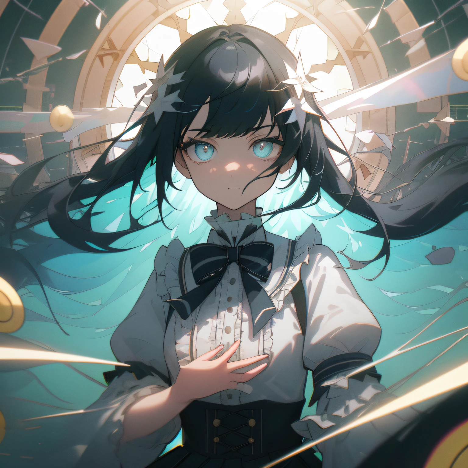 ((illustration)), ((floating hair)), ((chromatic aberration)), ((caustic)), lens flare, dynamic angle,  ((portrait)),  (1 girl), ((solo)), cute face, ((hidden hands)), asymmetrical bangs, (beautiful detailed eyes), eye shadow, ((huge clocks)),  ((glass strips)), (floating glass fragments), ((colorful refraction)), (beautiful detailed sky), ((dark intense shadows)), ((cinematic lighting)), ((overexposure)), (expressionless),  blank stare, big top sleeves, ((frills)), hair_ornament, ribbons, bowties, buttons, (((small breast))), pleated skirt, ((sharp focus)), ((masterpiece)), (((best quality))), ((extremely detailed)), colorful, hdr