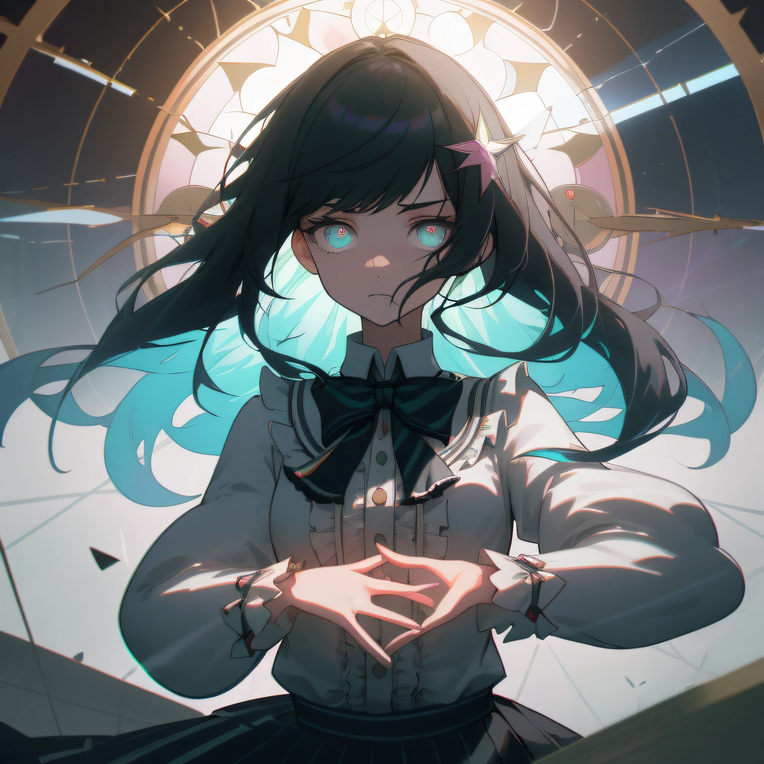 ((illustration)), ((floating hair)), ((chromatic aberration)), ((caustic)), lens flare, dynamic angle, ((portrait)), (1 girl), ((solo)), cute face, ((hidden hands)), asymmetrical bangs, (beautiful detailed eyes), eye shadow, ((huge clocks)), ((glass strips)), (floating glass fragments), ((colorful refraction)), (beautiful detailed sky), ((dark intense shadows)), ((cinematic lighting)), ((overexposure)), (expressionless), blank stare, big top sleeves, ((frills)), hair_ornament, ribbons, bowties, buttons, (((small breast))), pleated skirt, ((sharp focus)), ((masterpiece)), (((best quality))), ((extremely detailed)), colorful, hdr