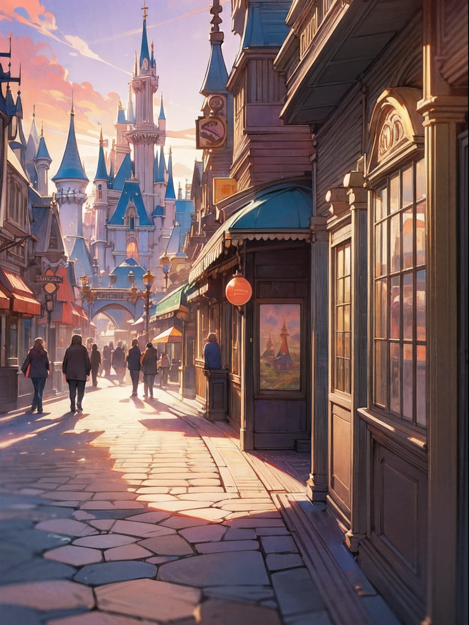 top-quality, hight resolution, detailed, blonde hair, Long braid, Drawn by an anime studio, (background : Disneyland, sunset), (masterpiece:1.3), (vibrant:1.2), (flawless art:1.2)