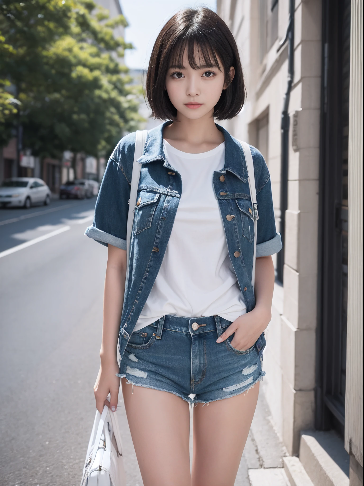 BDSM, NSFW, 1 Girl, Summer, Bookstore, Sitting on Stool, White T-shirt, Denim Ripped Shorts, Denim Jacket, Serious Face, Short Brown Hair, Clear Focus: 1.2, Highly Detailed Face and Skin Texture, Best Quality, 8k