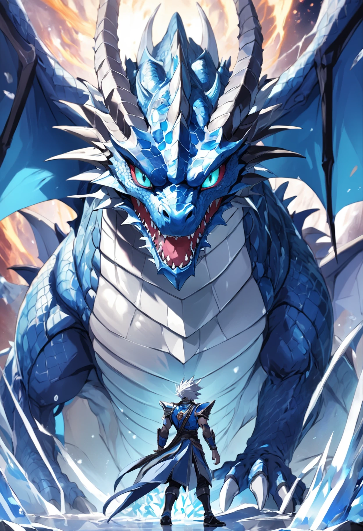 Close-up of a dragon with a large head，Blue-eyed White Dragon Tenryu，Huge dragon background，yugioh art style，Legendary Dragon，colossal dragon in background，Crystal Dragon，yugioh card，sliver ice color reflected armor。