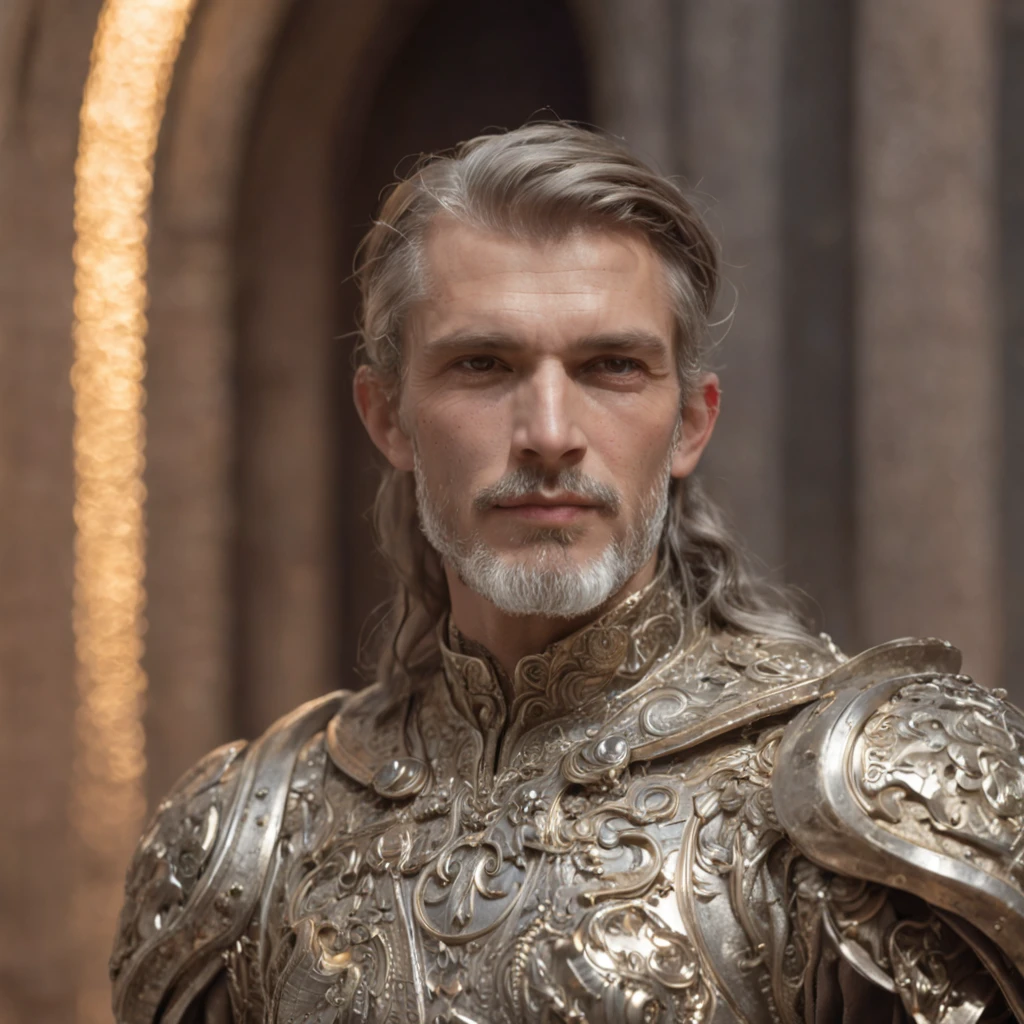 Painted portrait of a paladin, Masculine,mature, Handsome, Mechanical upper body, Gray and silver, fantasy, Intricate, elegant, Highly detailed, Digital painting, art  stations, concept-art, smooth, Sharp focus, illustration, art by Gaston Bussiere and Alphonse Mucha,multiple angle