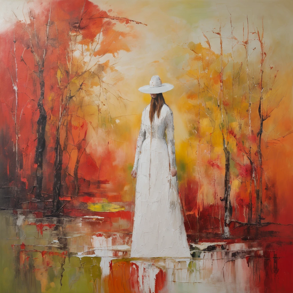 Antique woman in white with red maple forest