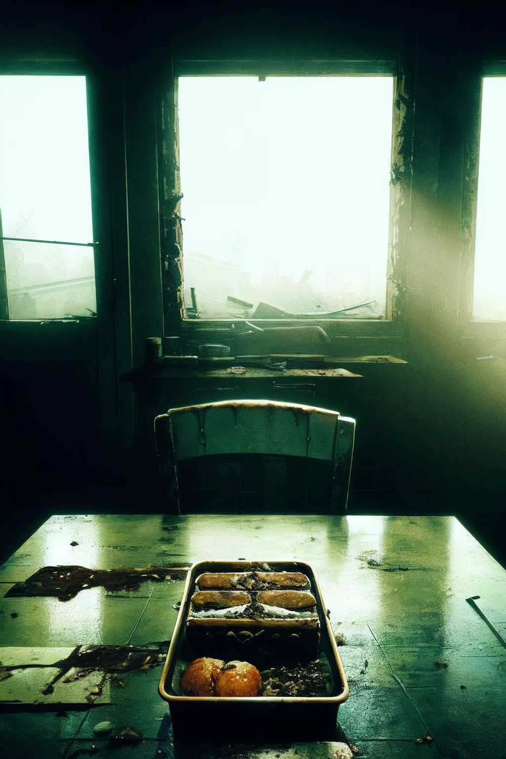 masterpiece, ((best quality:1.2)), wallpaper 8k, ((food in the table:1.5)), ((food:1.2)) close up, ((post-apocalypse:1.3)), atmospheric lighting, moody, darkness, in an old abandoned restaurant, dusty