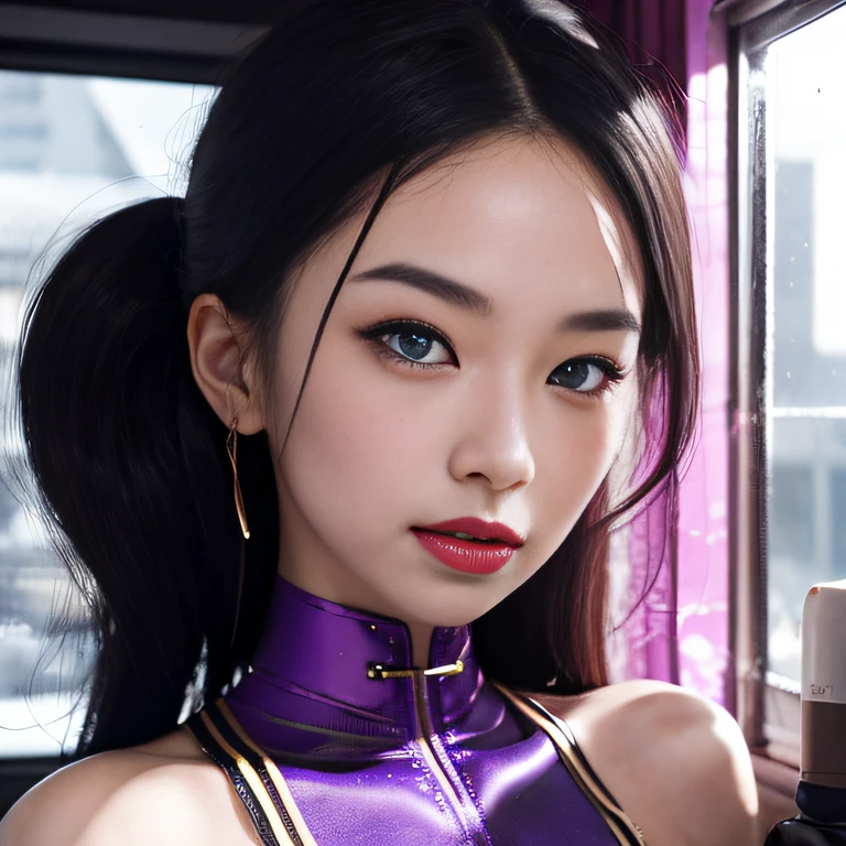 snowfield,32K(tmasterpiece,k hd,hyper HD,32K)Purple-pink double ponytail,Girl 1 body in gold body jewelry, Highly detailed face and skin texture, ((White skin)) Big blue eyes, Slim face, juicy lips, bimbo lips, Big belly puffy breasts.3 bedrooms, Linen cloak ((Haizhou curly black hair)), Pale skin, Detailed eyes, Double eyelids, cyberpunk gold metal jewelry BDSM, gold metal cyberpunk tapes on body, Iron collar, Iron gold futuristic small panties T-string, Iron panties,Iron is viscous, Iron without a cup is good, Iron clothing, Iron jewelry, Wet skin, She is naked 6. White skin,Snow slaughterhouse. Iron nose ring.