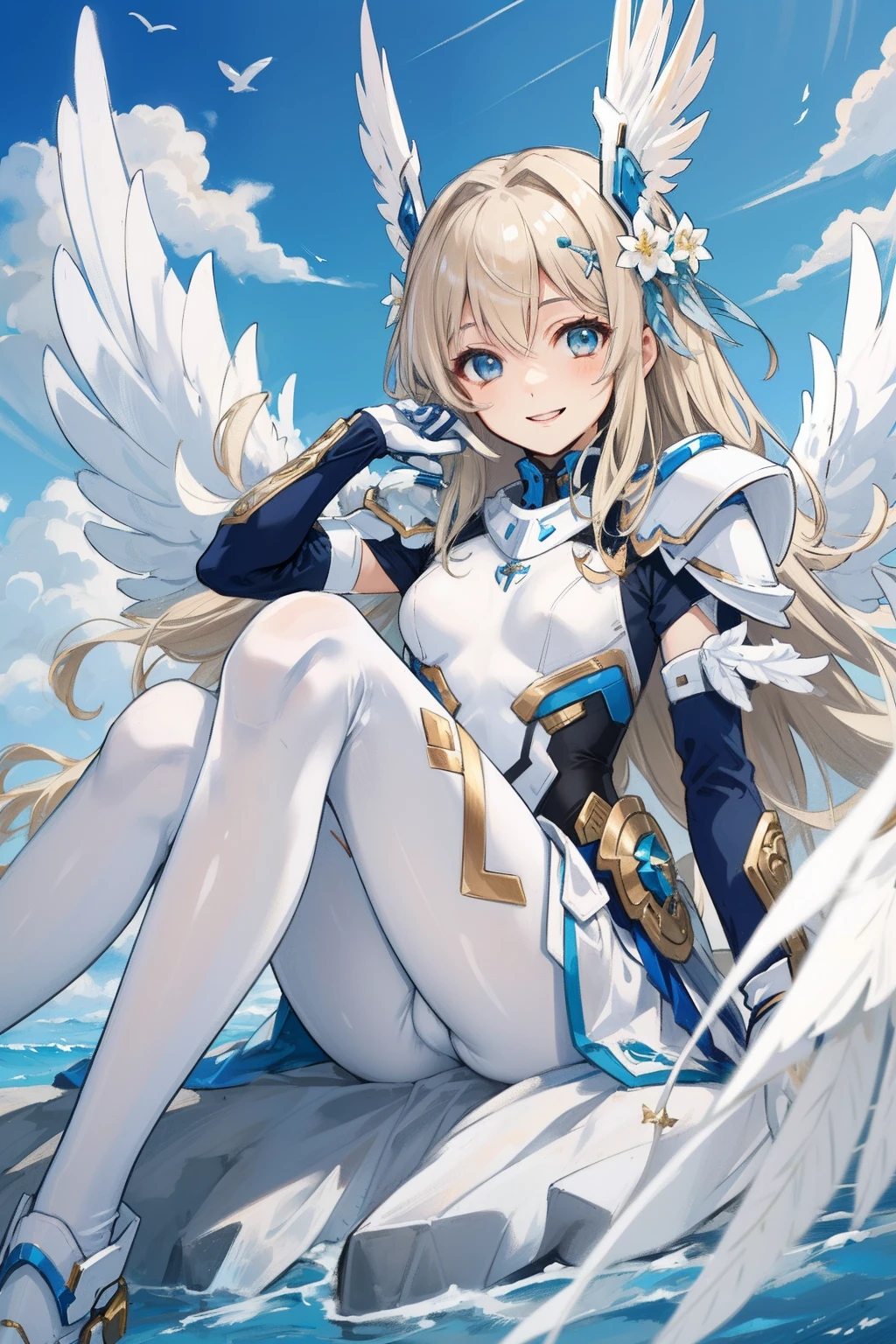 (master piece, Best Quality), Intricate details, valkyrie, (((happy smile))), Hand up, Looking at Viewer, Feather Headgear, Flower meadow, (((flat breast))) on top of the clouds, sitting, 22yo
1 girl in, Solo, Portrait, ash Blonde Hair, drooping eyes, Single Thigh, white Independent Single Sleeve, gloves,
mecha musume, white bodysuit, white Reinforced Suit, Mini Feather Wings, pantyhose, white full armor, flower decoration,