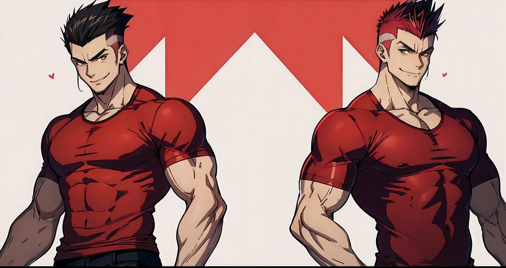 Muscular anime young man with red shirt,smirking,faux hawk haircut