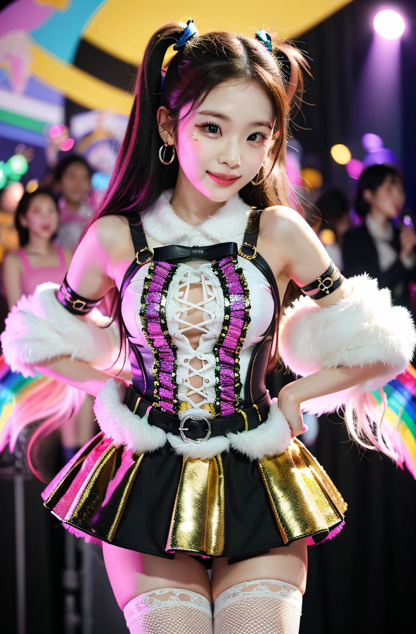 Solo idol performance featuring Eri Kamei from Morning Musume. Content: Eri Kamei dressed in rainbow-themed idol costume, Capturing the essence of cuteness. Medium: Photography. Style: Ultra-realistic with the influence of J-POP culture. Lighting: Stage lighting combined with warm and cold tones to emphasize the rainbow theme. Colors: Vibrant shades of the rainbow, Focus especially on pastel shades. Composition: Shooting with Canon EOS 5D Mark IV Digital SLR Camera, EF 50mm f/1.8 STM lens, Resolution 30.4 megapixels, ISO sensit: 32,000, Shutter speed 8000 second. The focus should be on her expressive face and the intricate details of her costume. --ar 16:9 - V5.1 --Style raw --Q 2 --S 750