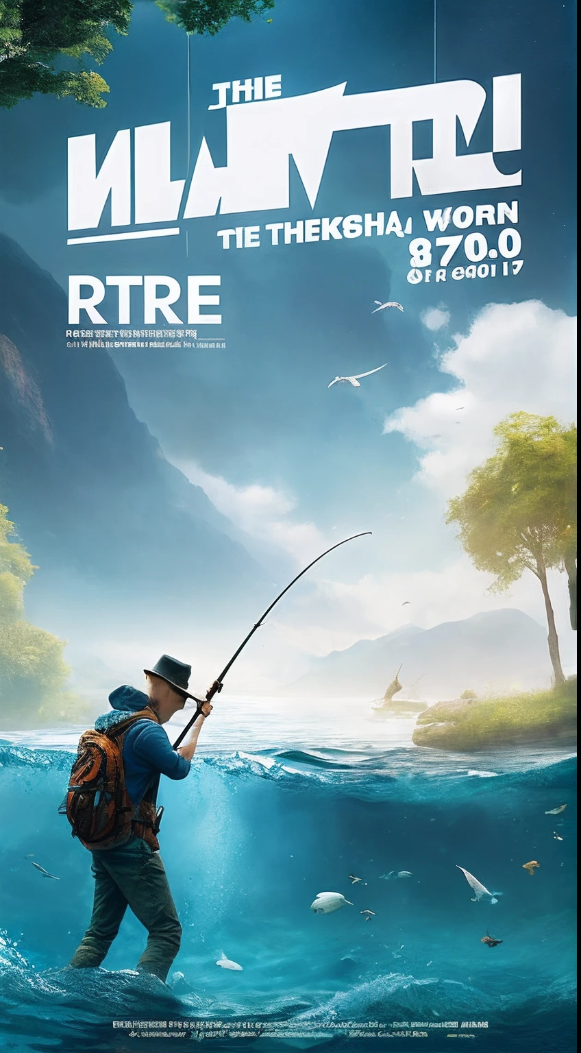 There is a poster,above, A man who fishes in the water, 8K -- height 768, Detailed scenery —width 672, - h 8 5 0 - w 6 0 0, trending on cgstation, 36864k film, by Ni Yuanlu, promotional poster, 8 a.m, poster for, cushart, 8K!