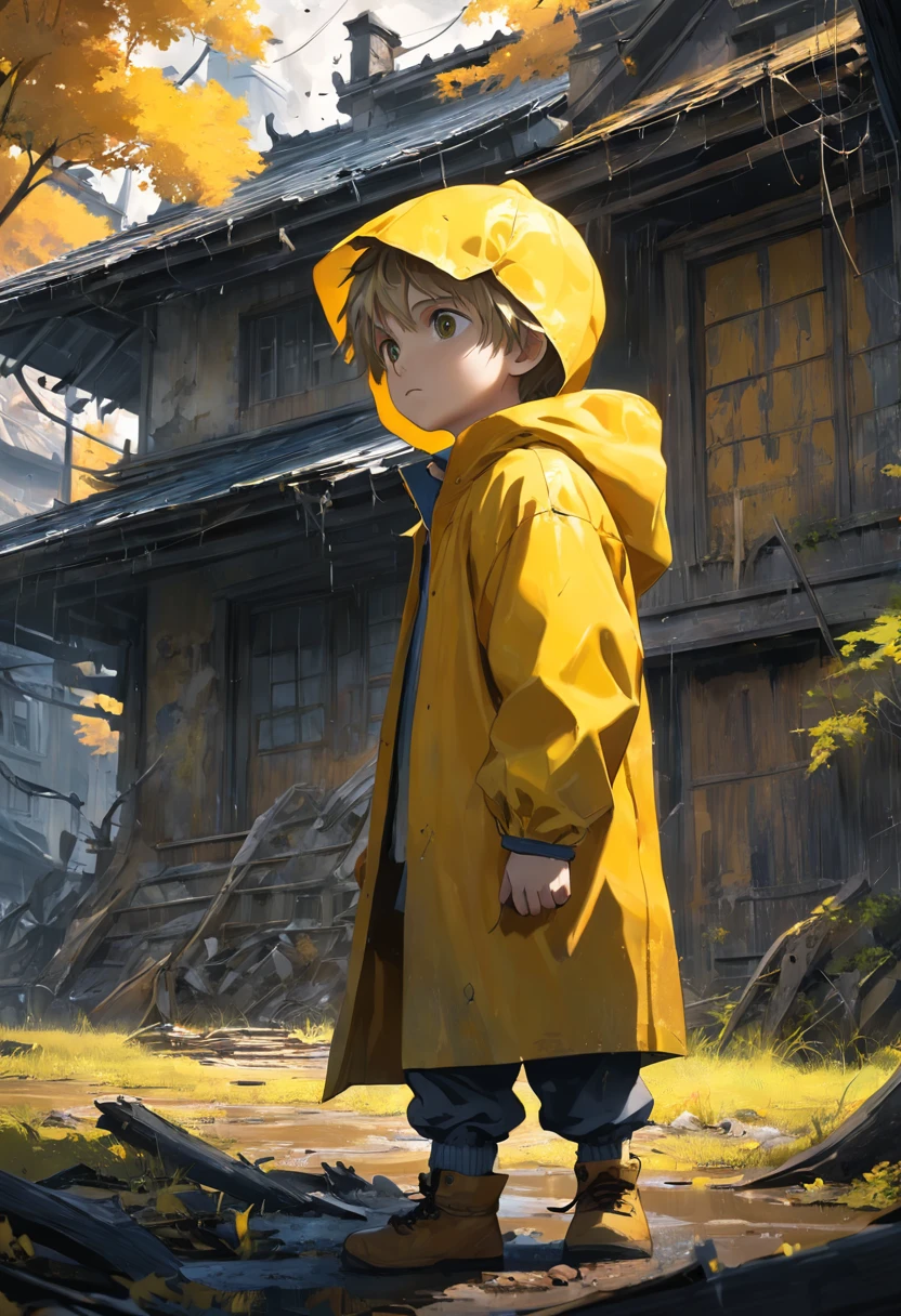 Focuses on a young boy wearing a long yellow raincoat,Facing a dilapidated horror house ,Cinematic,Realistic, Highly detailed, ultra - detailed,4K, photograph realistic, trending on artstration.