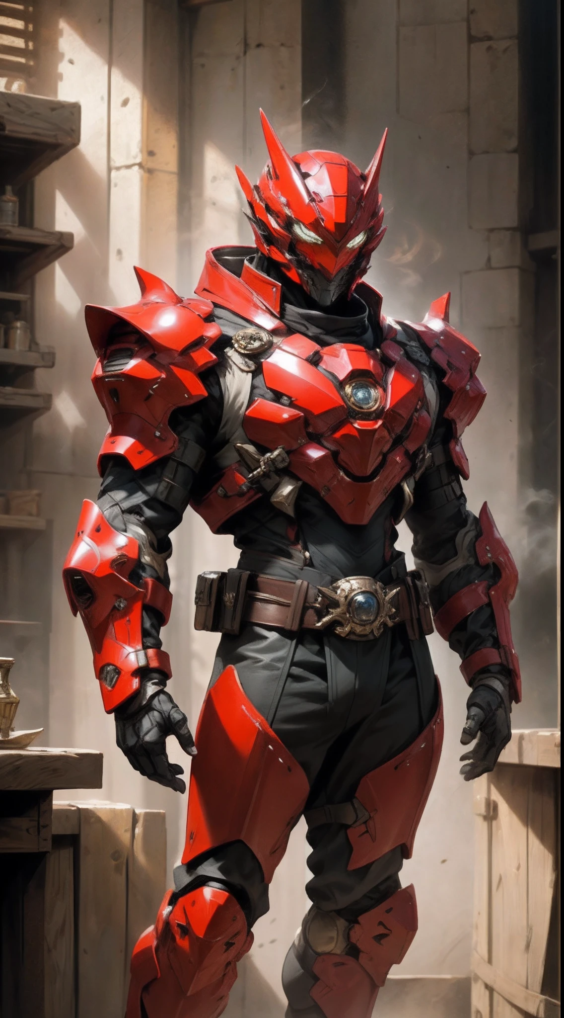 A man wearing a full-face helmet that covers most of his face, adorned in a biomimetic fantasy-style armor, the predominant black color is accented with red textures in the design this character embodies a finely crafted fantasy-style armored warrior design in anime, ((character concept art)), high definition, best quality, ultra-detailed, extremely delicate, anatomically correct, symmetrical face, extremely detailed eyes and face, high quality eyes, creativity, RAW photo, UHD, 16k, (Natural light, cinematic lighting, masterpiece:1.5)