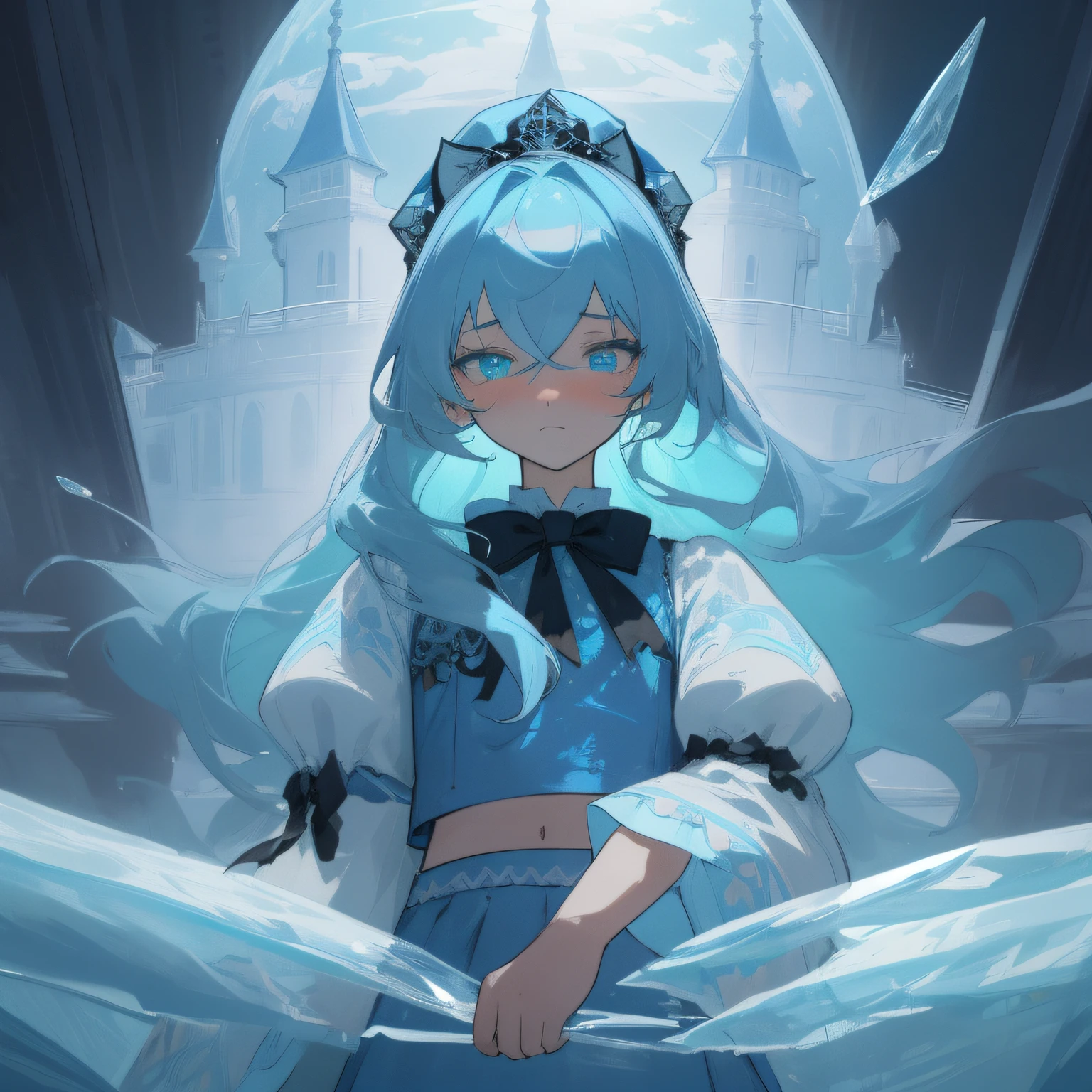 (((masterpiece))),best quality, illustration,(beautiful detailed girl),beautiful detailed glow,detailed ice,beautiful detailed water,(beautiful detailed eyes),expressionless,(floating palaces),azure hair,disheveled hair,long bangs, hairs between eyes,(skyblue dress),black ribbon,white bowties,midriff,{{{half closed eyes}}},big forhead,blank stare,flower,large top sleeves