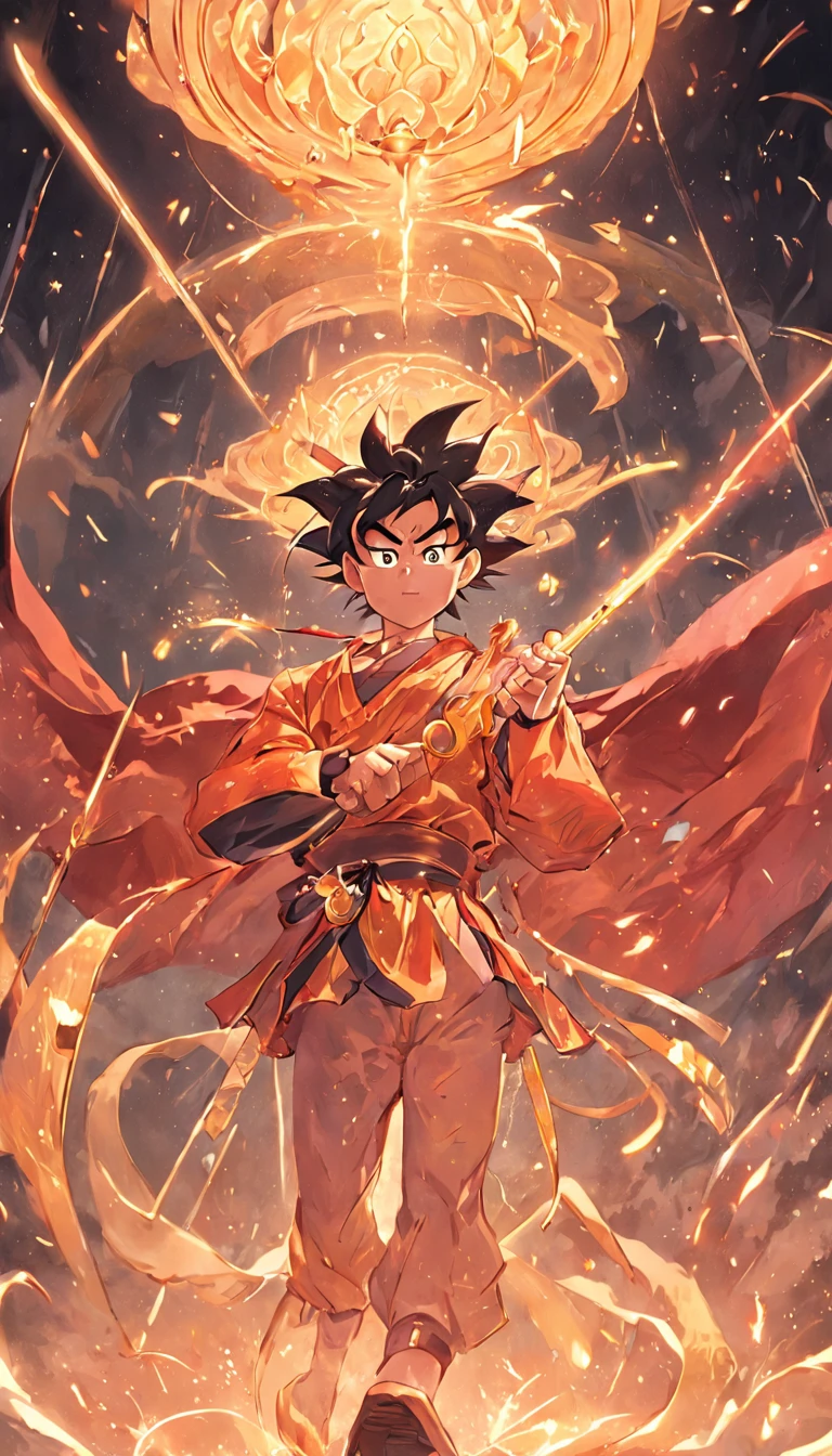 Son Goku, Fight over Buddha, Shining with God's eyes, Black monkey hair, Dexterous hands, Strong body, Golden chain mail, Fire-red cloak, Golden Hoop Stick, Clouds and rain, Courage and strength, Wisdom and compassion, heroic fighter, Smart and kind, Weak protection, Brave the odds, Fighting spirit, Represents courage、Smart and kind
