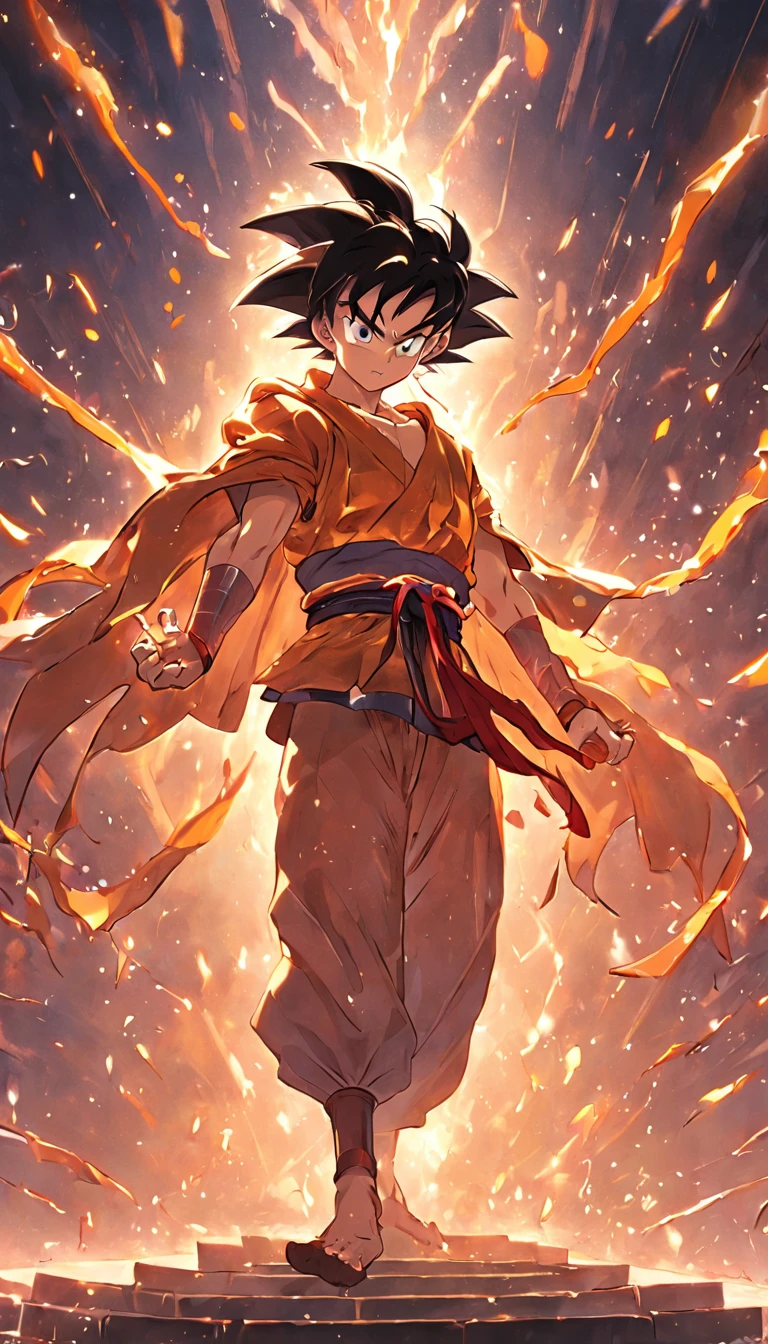 Son Goku, Fight over Buddha, Shining with God's eyes, Black monkey hair, Dexterous hands, Strong body, Golden chain mail, Fire-red cloak, Golden Hoop Stick, Clouds and rain, Courage and strength, Wisdom and compassion, heroic fighter, Smart and kind, Weak protection, Brave the odds, Fighting spirit, Represents courage、Smart and kind