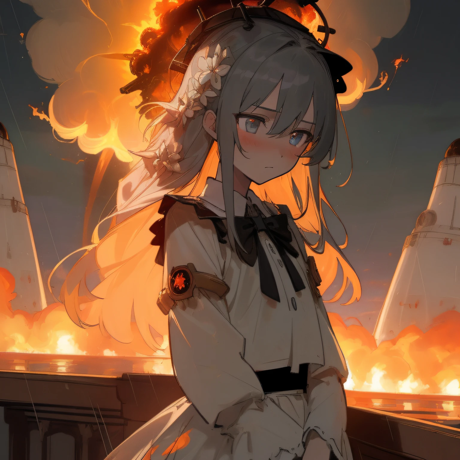 (((masterpiece))),best quality, illustration,(beautiful detailed girl),beautiful detailed glow,((flames of war)),(((nuclear explosion behide))),rain,detailed lighting,detailed water,(beautiful detailed eyes),expressionless,palace,azure hair,disheveled hair,long bangs,hairs between eyes,(whitegrey dress),black ribbon,white bowties,midriff,big forhead,blank stare,flower,long sleeves