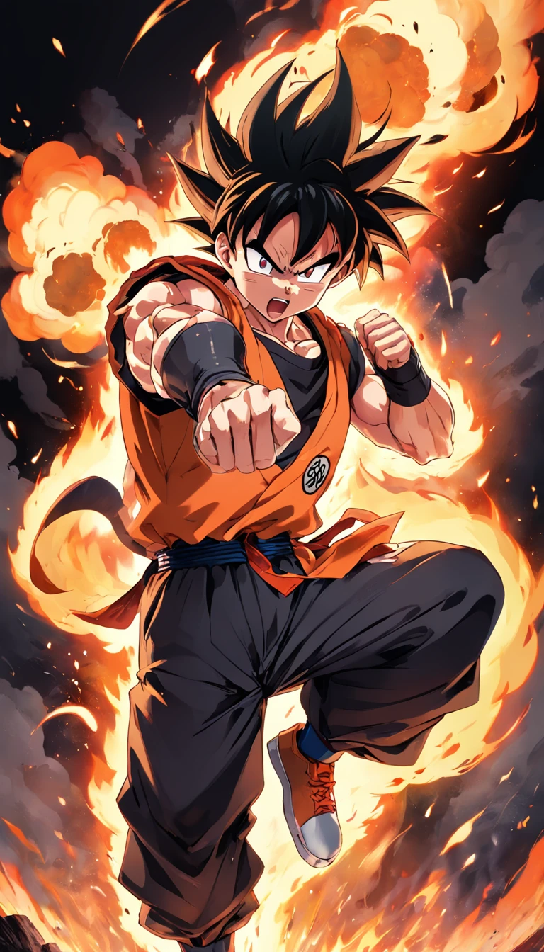 One guy,Dragon Ball painting style,Akira Toriyama painting style,fire force+vapour+Mist Goku, The top is broken, Saiyans full of blazing flames and pyrotechnic skills,actionpose,full bodyesbian,(火焰:0.7),Proficient special effects processing,High detail