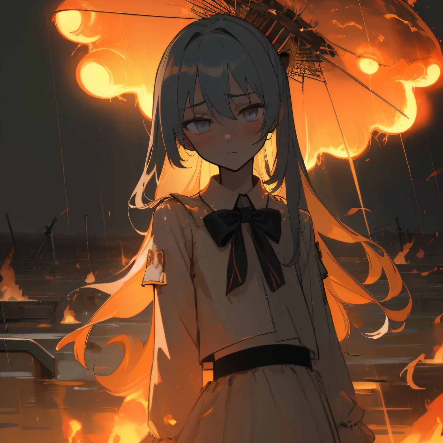 (((masterpiece))),best quality, illustration,(beautiful detailed girl),beautiful detailed glow,((flames of war)),(((nuclear explosion behide))),rain,detailed lighting,detailed water,(beautiful detailed eyes),expressionless,palace,azure hair,disheveled hair,long bangs,hairs between eyes,(whitegrey dress),black ribbon,white bowties,midriff,big forhead,blank stare,flower,long sleeves