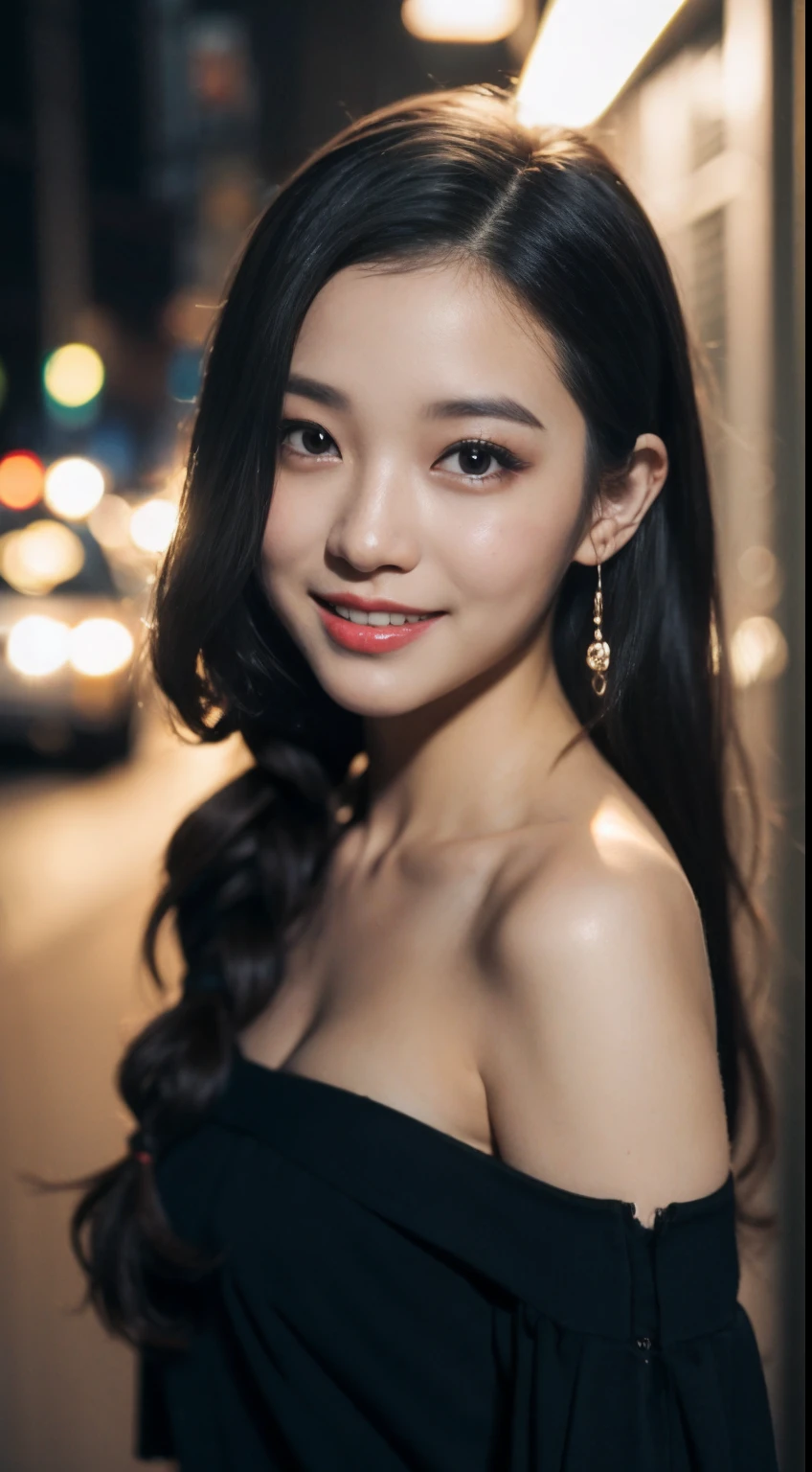 ((Best quality, 8K, Masterpiece:1.3, highres, Beautiful girl)), Cute, Detailed face, Detailed skin, Detailed eyes, Detailed lips, Detailed fingers, Photorealistic, Raw photo, Natural lighting, perfect anatomy, double eyelid, moist lips, toned legs, (off-shoulder black dress, braid hair, hair over one eye, black hair), looking at viewer, cyberpunk, bare shoulders, messy street, cars, buildings, neon, night, smile, close up