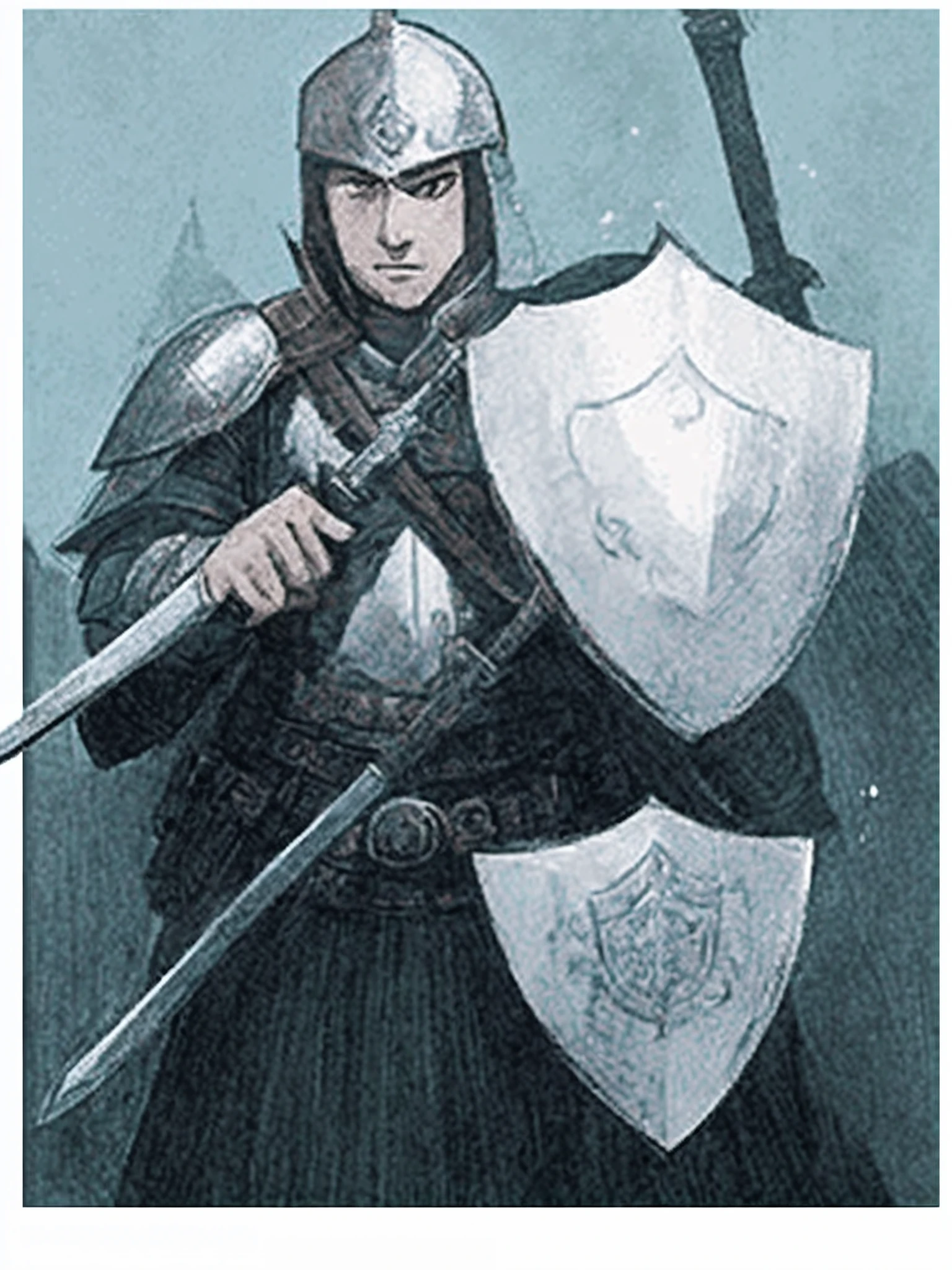 arafed drawing of a knight with a shield and sword, holding a sword and shield, holding a shield, holding shield and sword, holding a sword & shield, holding weapon and shield, sheild, wielding a sword and shield, holding a tower shield, holding up a large shield, cover art of graphic novel, inspired by Anna and Elena Balbusso