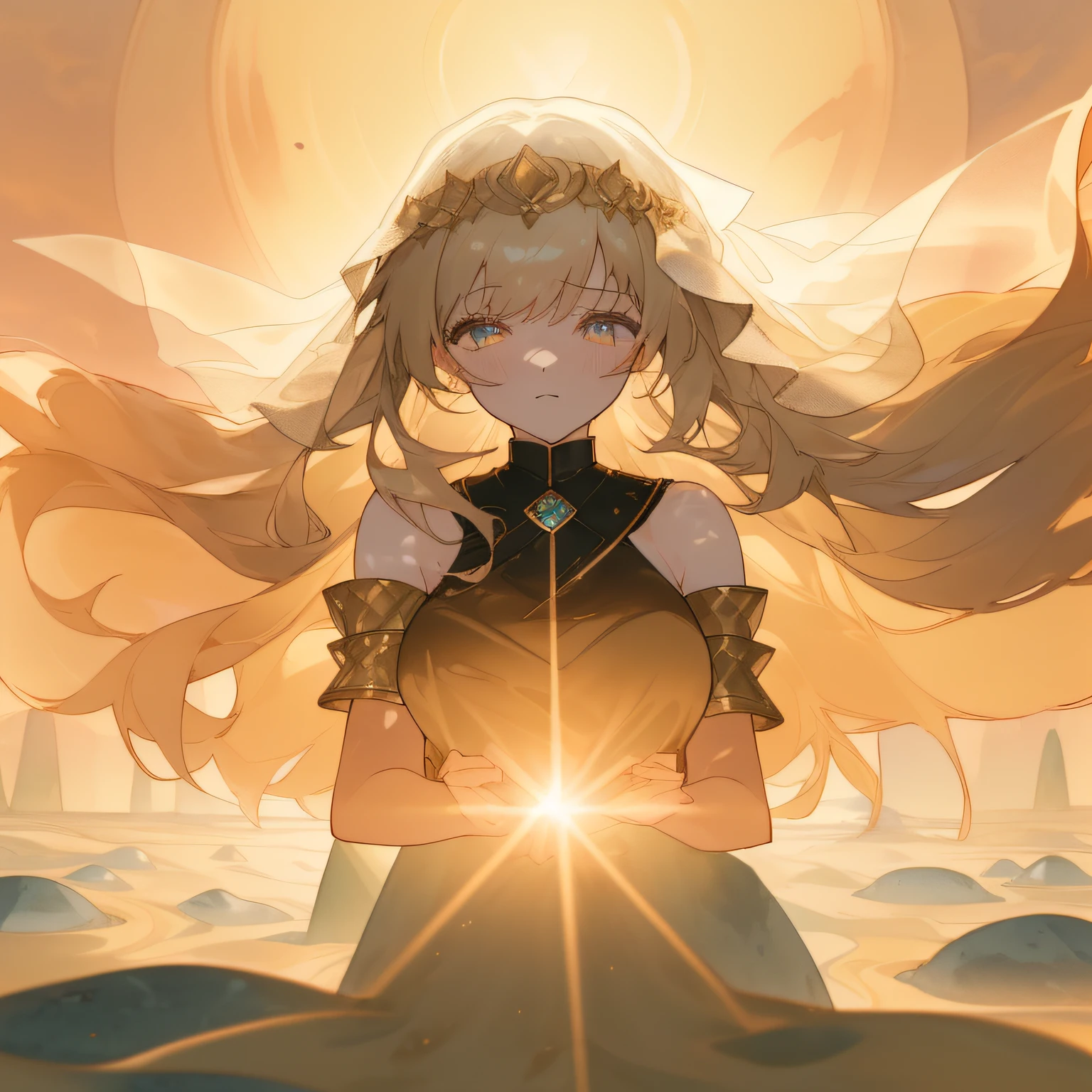 cinematic lighting, ((best quality)),((extremely_detailed_eyes_and_face)),((((ink)))),((illustration)),depth of field,((extremely detailed)),((watercolor)),((anime face)),(((dramatic_angle))),medium_breast,(8k_wallpaper),((bright_eyes)), (looking_at_viewers),(an detailed organdie dress),(((((very_close_to_viewers))))),((sleepy)),((masterpiece)),((((((surrounded_by_heavy_floating_sand_flow_and_floating_sharp_stones)))))),(((((messy_long_hair))))),((((veil)))),focus_on_face,(upper_body),(bare_shoulder),((((1girl)))),(golden_bracelet),(long yarn),((sunset)),lens_flare,light_leaks,((detailed_beautiful_desert_with_cactus)),medium_wind,(detailed_beautiful_sky)