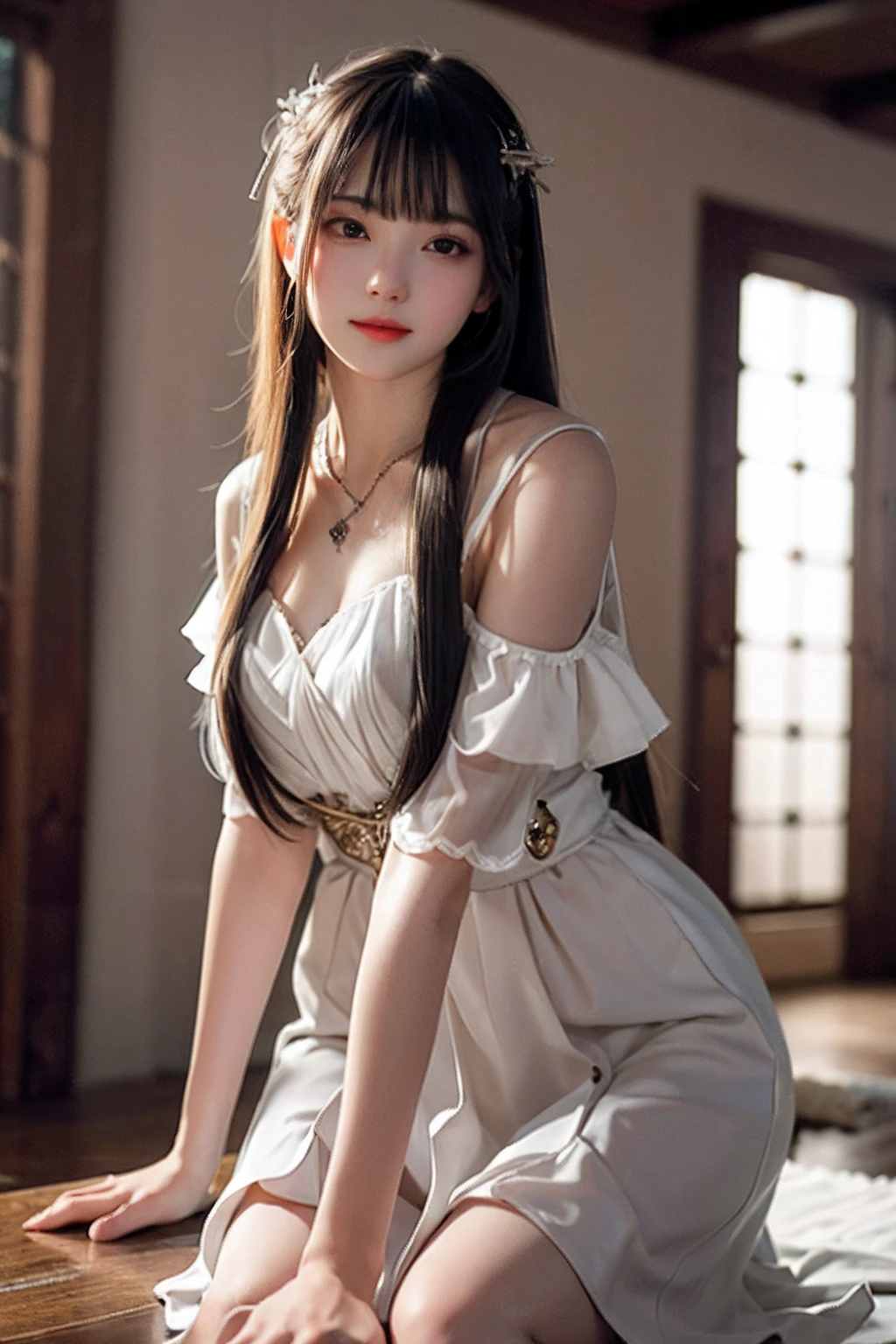 Best quality, Masterpiece, A high resolution, 1girll,china dress,hair adornments,necklace, jewelry,Beautiful face,after sexing_Body, Tyndall effect,Photorealistic, Dark Studio, rim lit, twotonelighting,(highdetailskin:1.2), 8K UHD, Digital SLR, Soft lighting, High quality, voluminetric lighting, candid, photographed, high resolution, 4K, 8K, Bokeh, .Jinstyle, Building