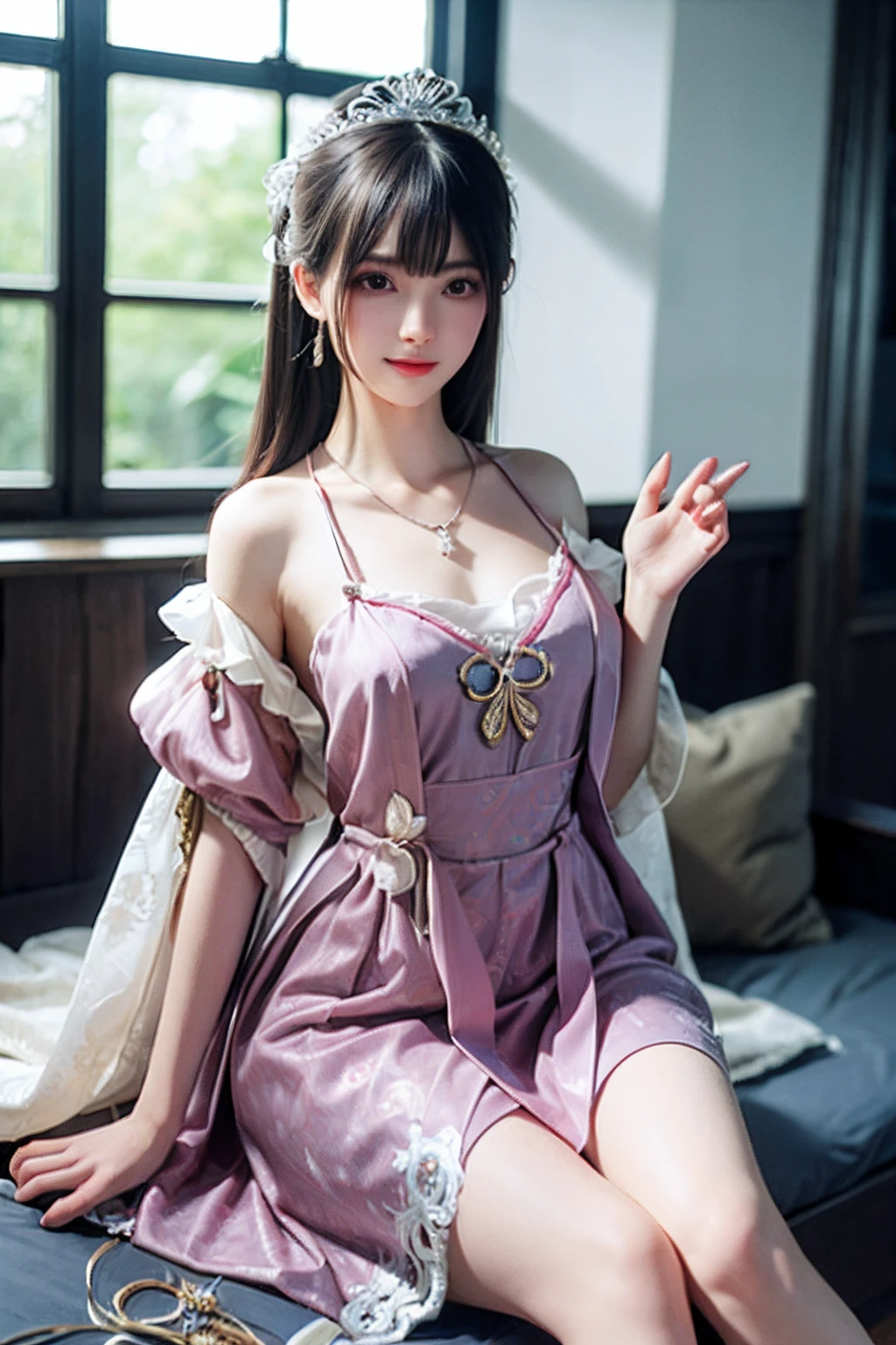 ((Girl lying in bed))、A beautiful and moving woman, in an elegant pose, her full breasts on display.,Visible cleavage,The skirt is short, Sexy long legs,Variety of slim and cute beauties, Her long hair cascades down her shoulders like a waterfall。She smiles radiantly,Eyes sparkle,Her skin is flawless。Her curves are highlighted。Sparkle in the light,The colors are soft,Perhaps in shades of light pink or lavender。She lay confidently,One hand on hip,Her posture is both graceful and strong。She wears elegant high heels,Goes well with her outfit。In the warm golden sun。The overall atmosphere of the image is tranquil and uplifting,Emphasizing natural beauty and elegance, Studio Lighting,Bright colors, Sweet maiden, sweet smile, make up,shy,Blush,Parted lips,Heavy breathing,moan,Surrealism,Realism,Movie Lighting,Relief,Sony FE GM,Retina,masterpiece,precise,Anatomically correct,Textured Skin,Super Detail,High Detail,best quality,rich and colorful