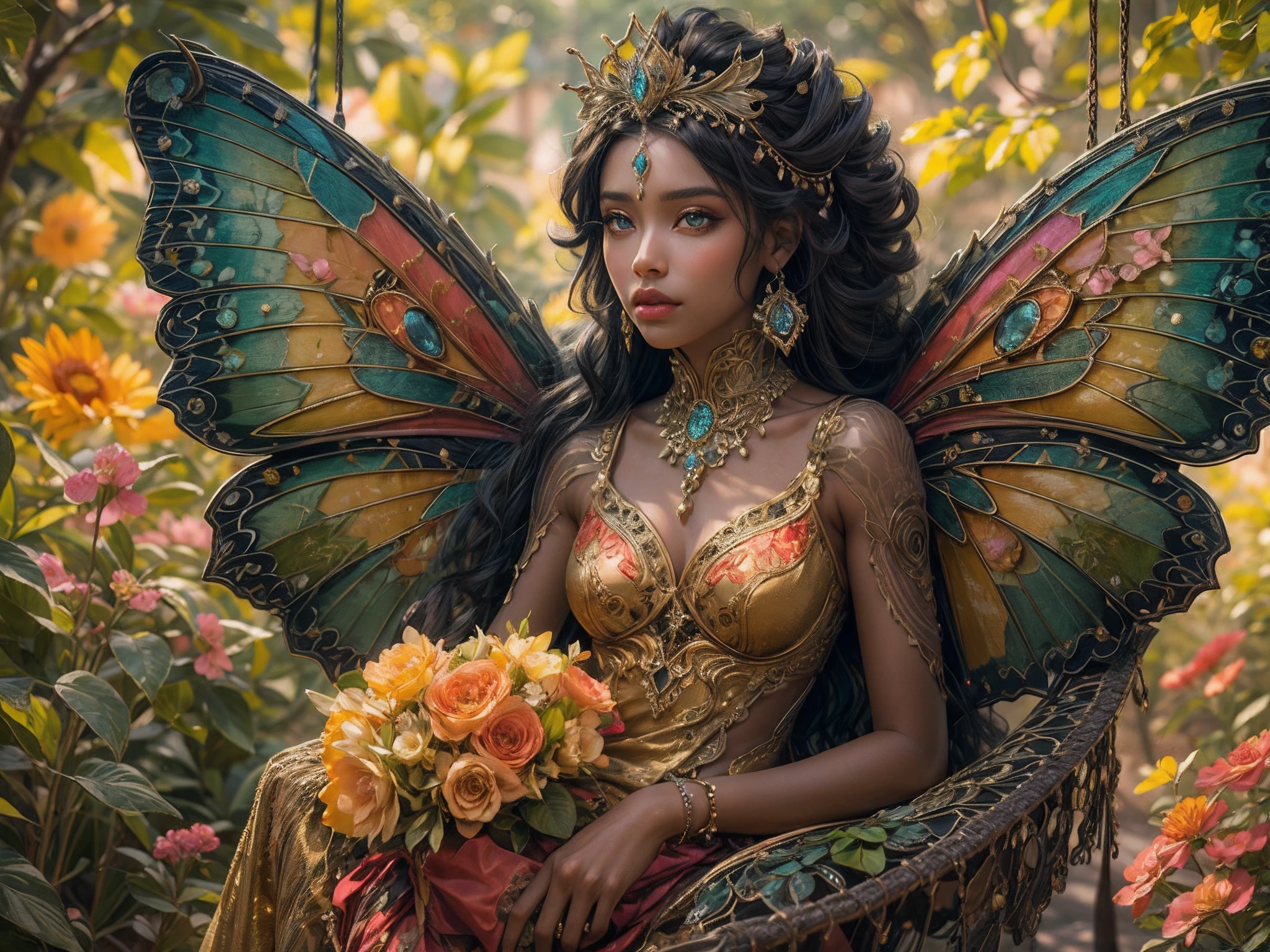 This is an elegant and ornate fantasy masterpiece with a lot of shimmer, glitter, and intricate ornate detail. Generate a petite Jamaican woman resting on a gilded and flowered garden swing at night. Her eyes are ultra-detailed with intricate realistic shading and bold, bright hues. She is a beautiful and seductive butterfly queen with stunning curly black hair, (((incredibly realistic and detailed dynamic eyes in bright colors with realistic shading))). She wears a delicate and elegant crown and a gown spun from luxurious gossamer silk and satin with subtle, intricate, and hand-embroidered bodice detailing as well as subtle floral detailing and gold silk butterfly sleeves. Her face is lovely and lonely. Include glow-in-the-dark flowers, lots of particles, highly realistic fantasy butterflies with translucent jewel-toned wings and fine detailing, and glow. The artwork is done in the style of Guviz and brings to mind masters in the genre such as trending fantasy works on Artstation and Midjourney. Camera: Utilize dynamic composition techniques to emphasize etherealness and delicate detail. The colors in this artwork are saturated, romantic, and rich.