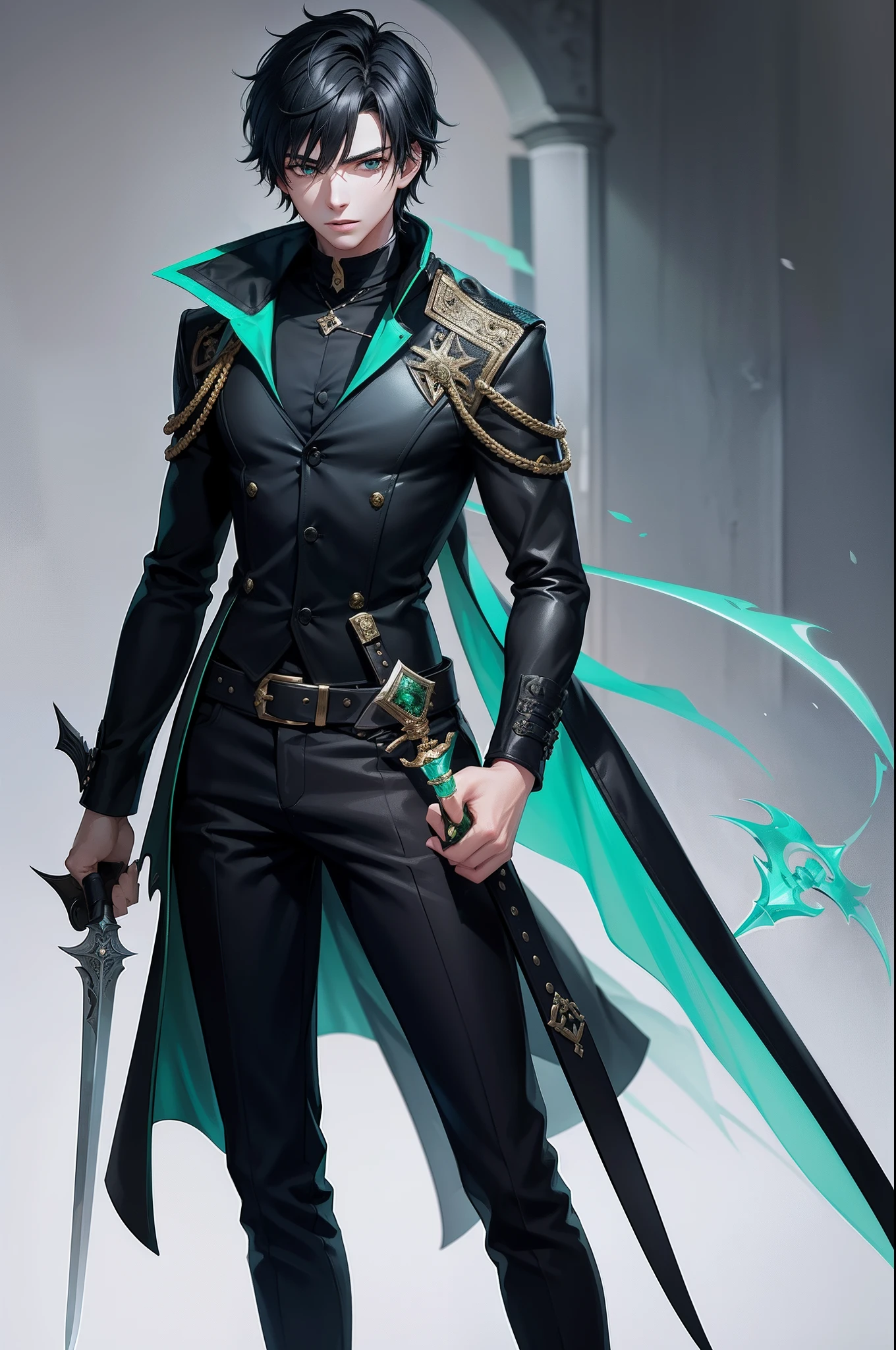 An 18 year old man with a jade green magic dagger with black details in his hand with ash around it, anime, solo leveling style.
