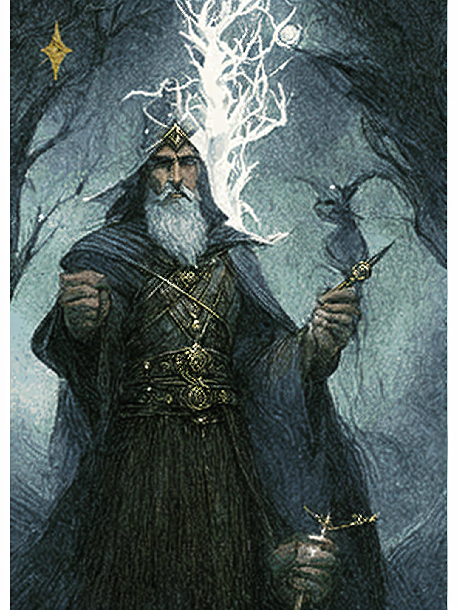 arafed image of a wizard holding a wand with a star in the background, tarot card the hermit, the allfather, by Ryan Pancoast, by charles vess, the emperor tarot card, by Kristian Zahrtmann, by Chris Rahn, the fool tarot illustration, by Matt Stewart, god of winter, white tree staff in hand held up in front of him