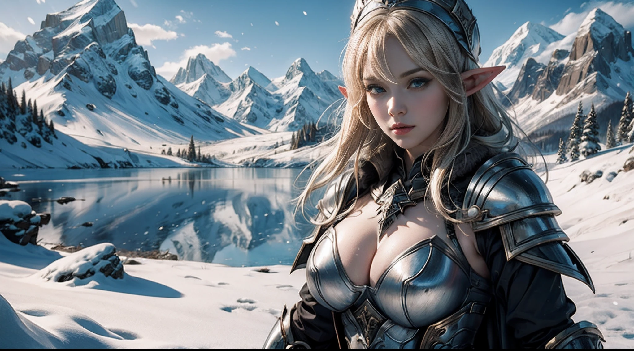 Female elf,Large breasts,Heavy armor,complex patterns,Snow-capped mountains in the background,borgar,Mid-range portrait,big sword