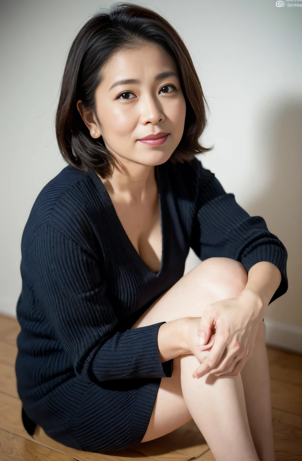 ((Best Quality, 8k, Masterpiece, Portrait: 1.3)), (looking at viewer),Photorealistic, Sharp Focus, Solo, Japan Milf, Beauty, Clothes with Cleavage View, 30 Years Old, Wavy Hair, Wrinkles at the Corners of the Eyes, ((Open your legs wide:1.5, Sit one knee up:1.5, show crotch)), (loose waist:0.5), darkness nobody room,