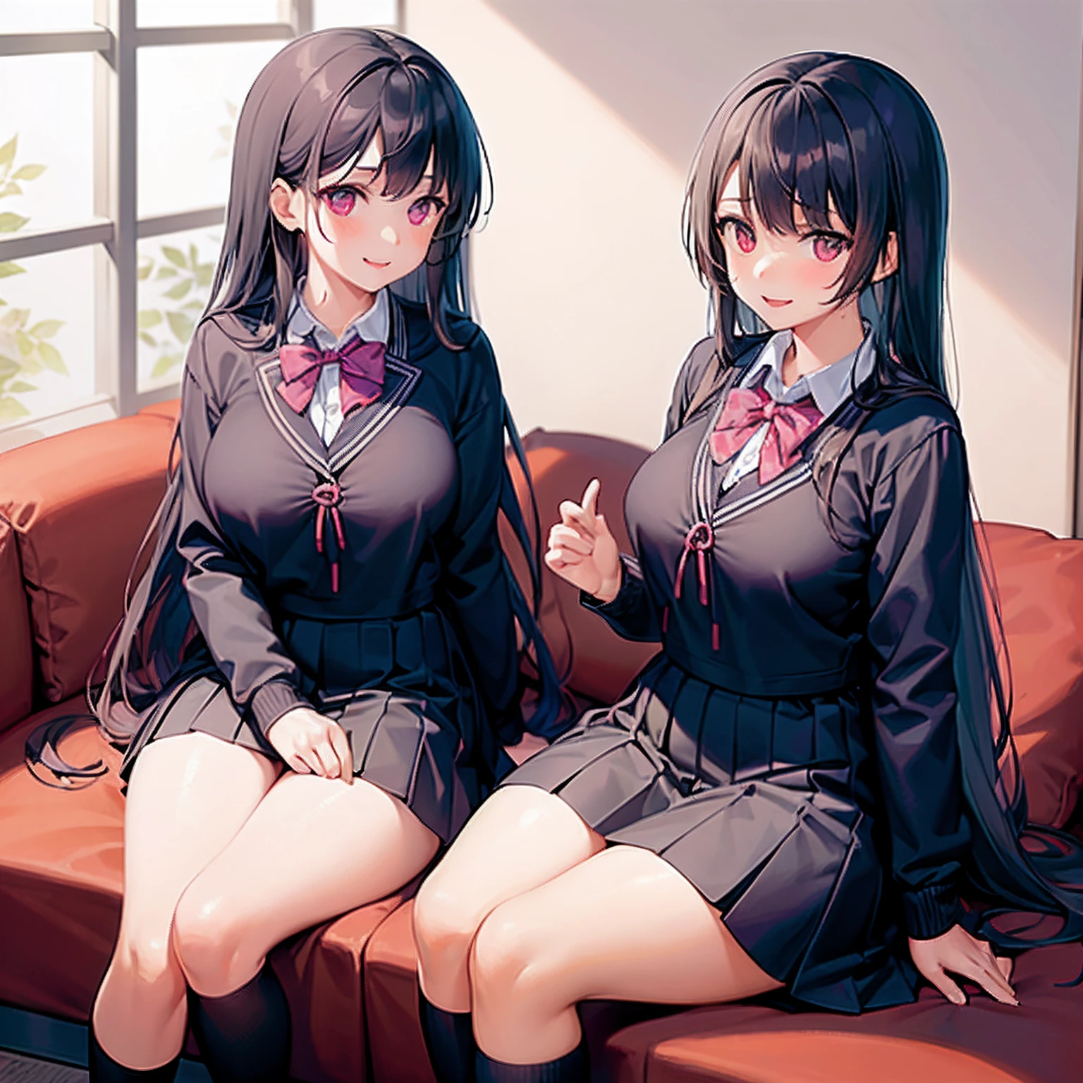 2girls, twins, school girl, Japanese school uniform, one large breasts, one small breasts, decent height, both 5'5, both have long black hair, both have violet eyes, both sitting on sofa, both smiling