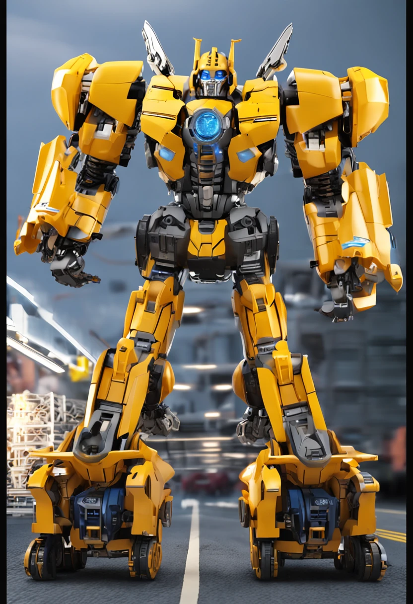 Q version of the mechanical character，Stand up，Transformers Hercules，without background，Bumblebee appearance，Construction vehicle combination