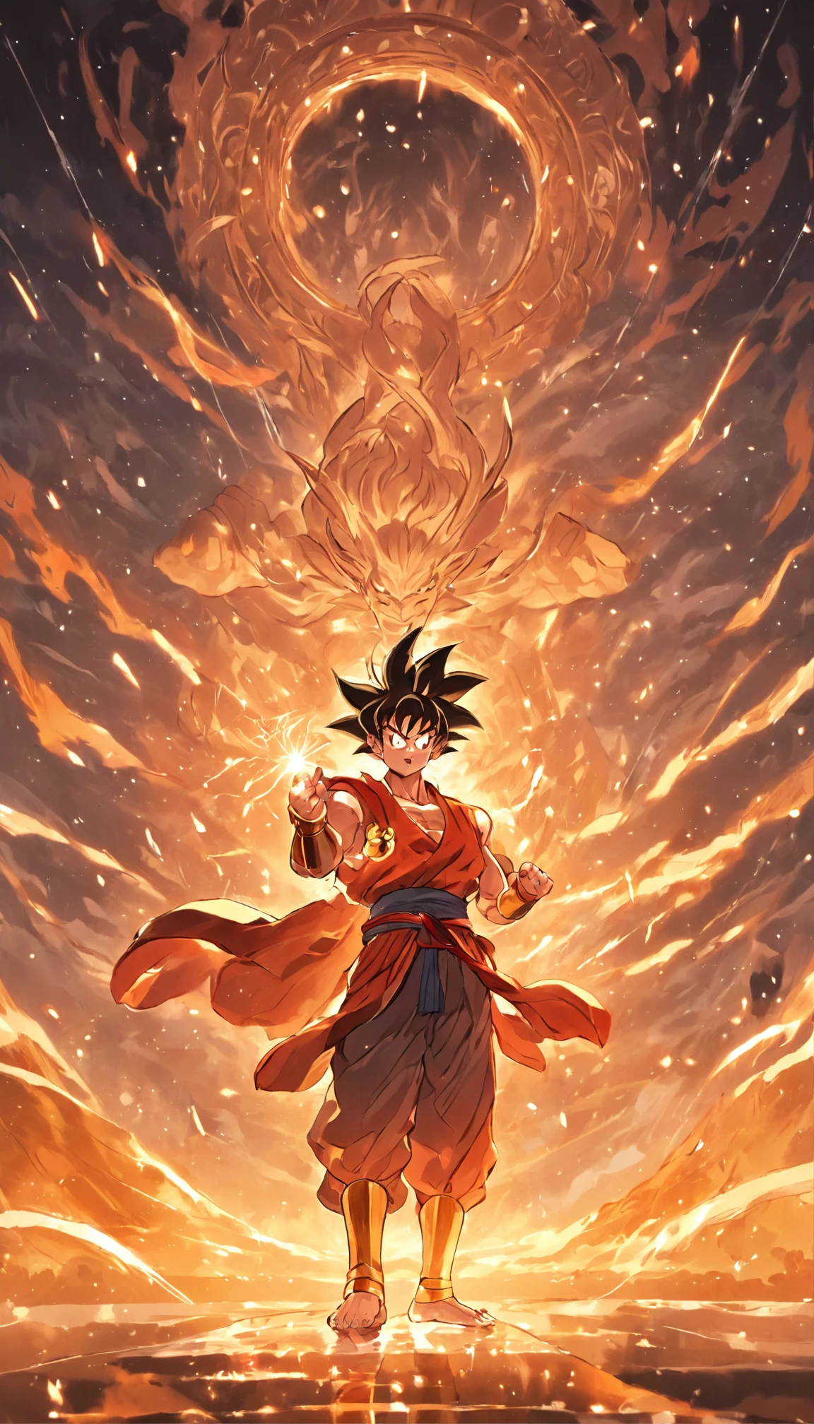 Son Goku, Fight over Buddha, Shining with God's eyes, Black monkey hair, Dexterous hands, Strong body, Golden chain mail, Fire-red cloak, Golden Hoop Stick, Clouds and rain, Courage and strength, Wisdom and compassion, heroic fighter, Smart and kind, Weak protection, Brave the odds, Fighting spirit, Represents courage、Smart and kind