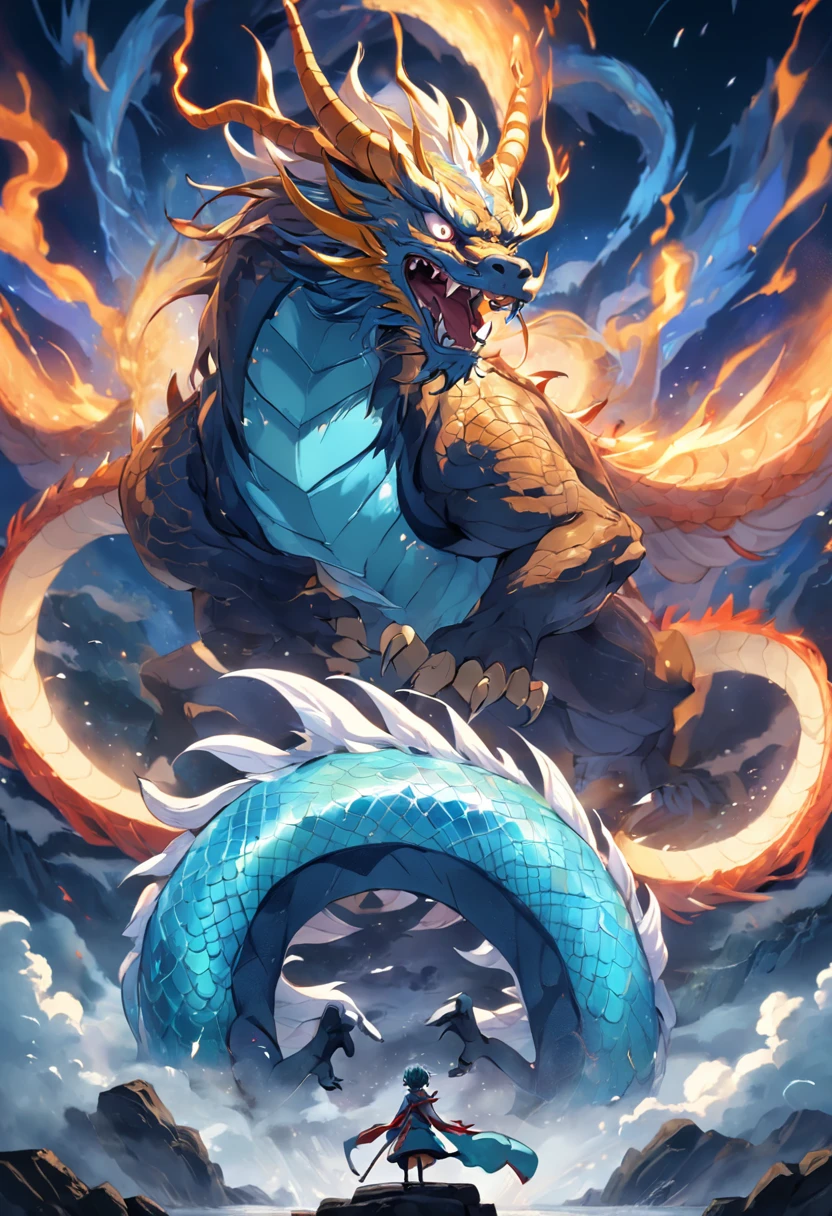 Chinese dragons have cyan scales,Exudes majesty. Its entire body is engulfed in enchanting lightning,Because it soars in mid-air.No Man