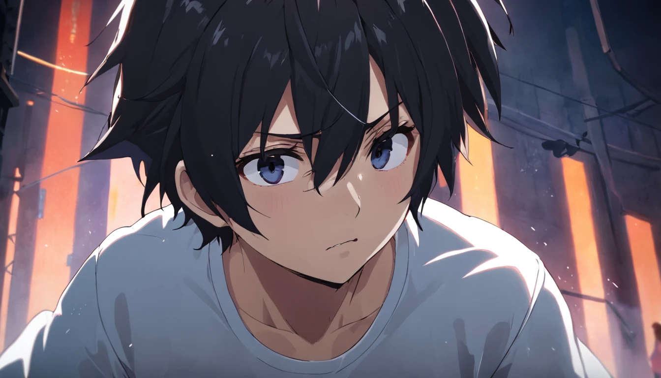 young male,with short black hair,dark hazel eyes,The face is smooth and flawless,expression of surprise,Wearing a white shirt,Rub your eyes vigorously with both hands(1.3),White ceiling